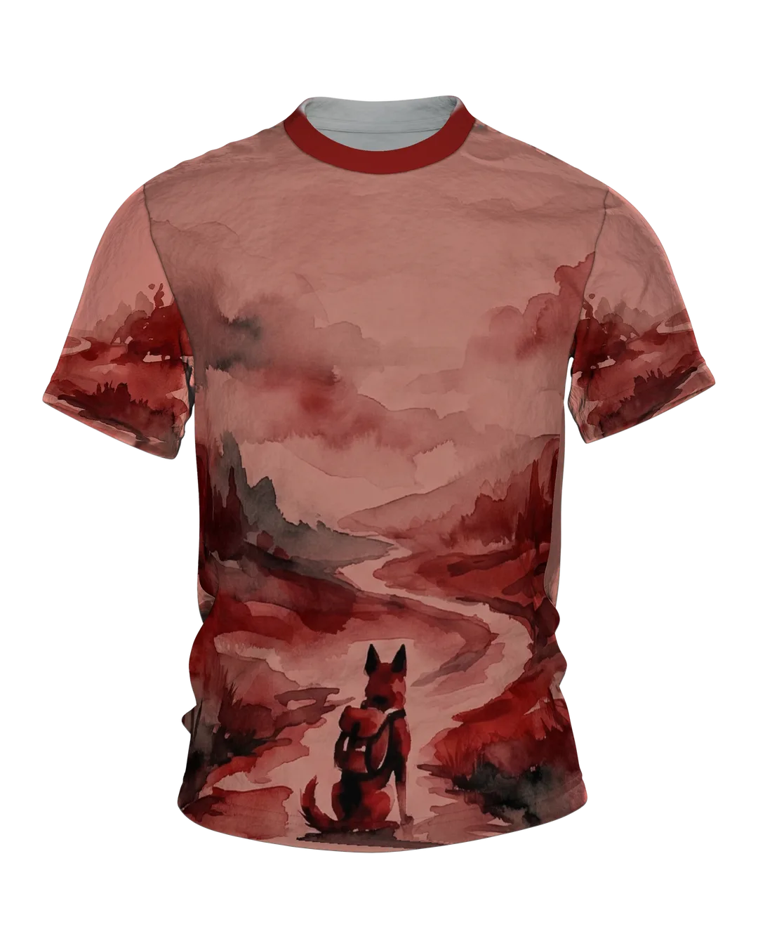 Fox Watercolor T-shirt, a wanderer by the river in a red landscape