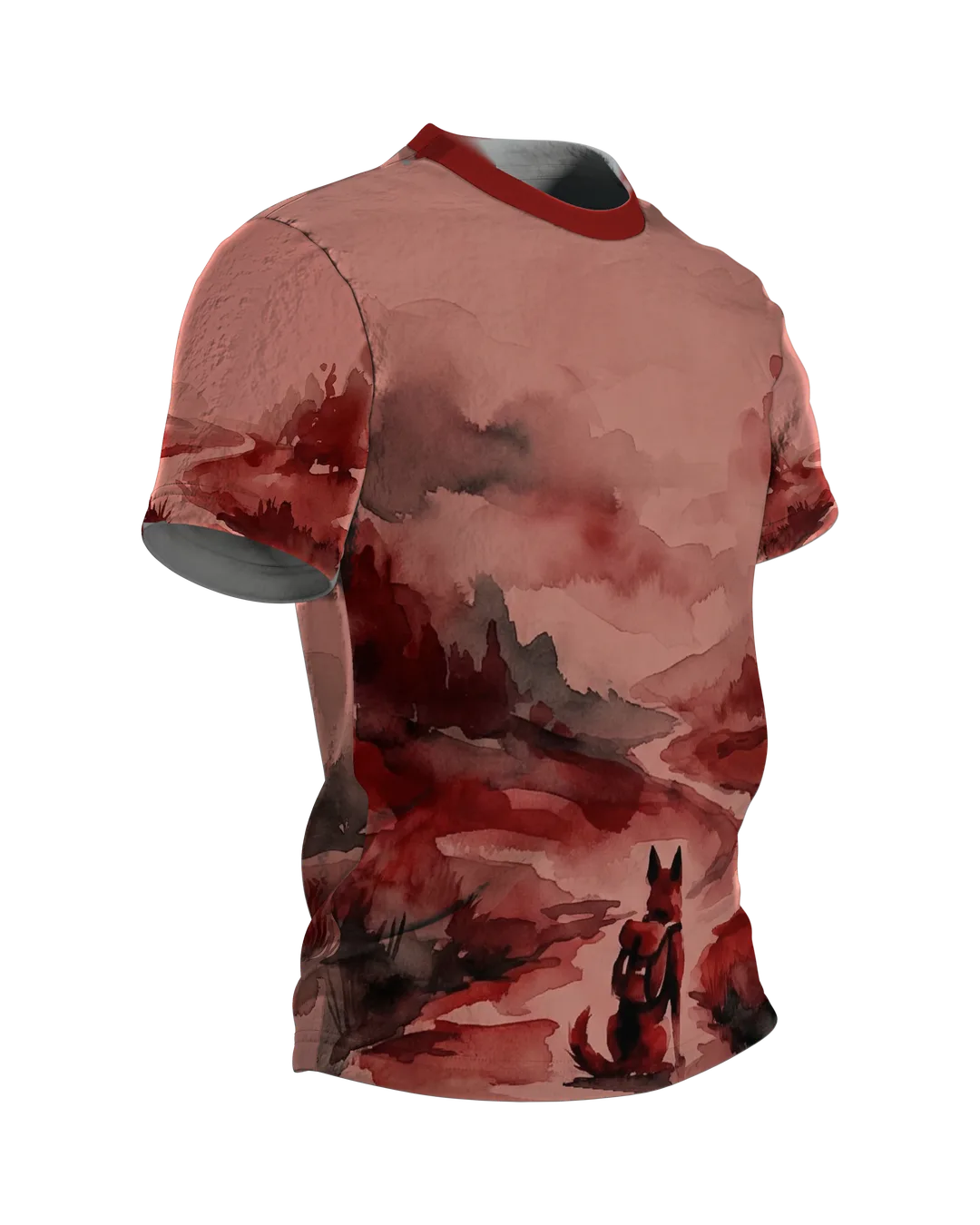 Fuchs Aquarell T-Shirt, Wanderer am Fluss in roter Landschaft, Seitenansicht links