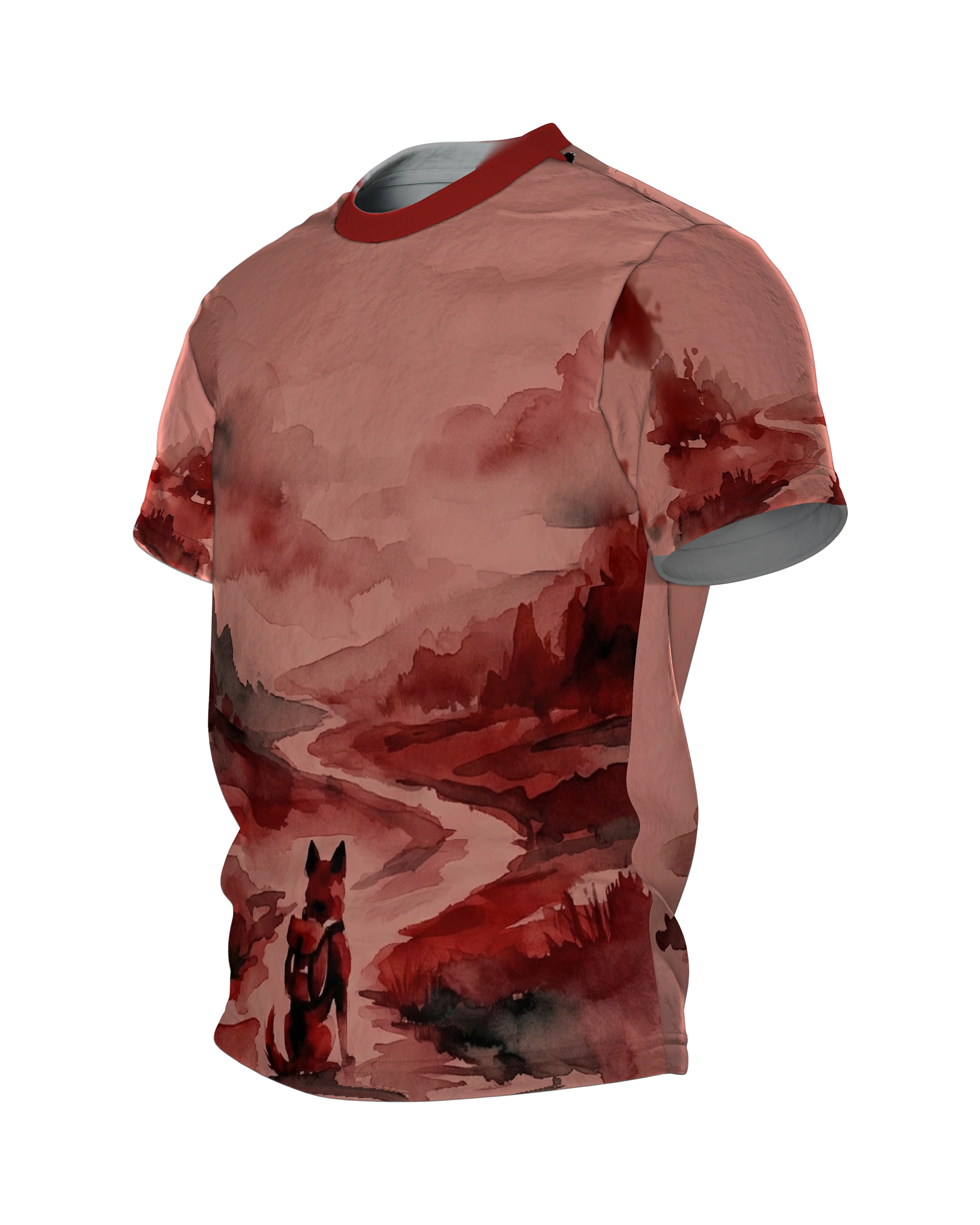 Fuchs Aquarell T-Shirt, Wanderer am Fluss in roter Landschaft, Seitenansicht rechts