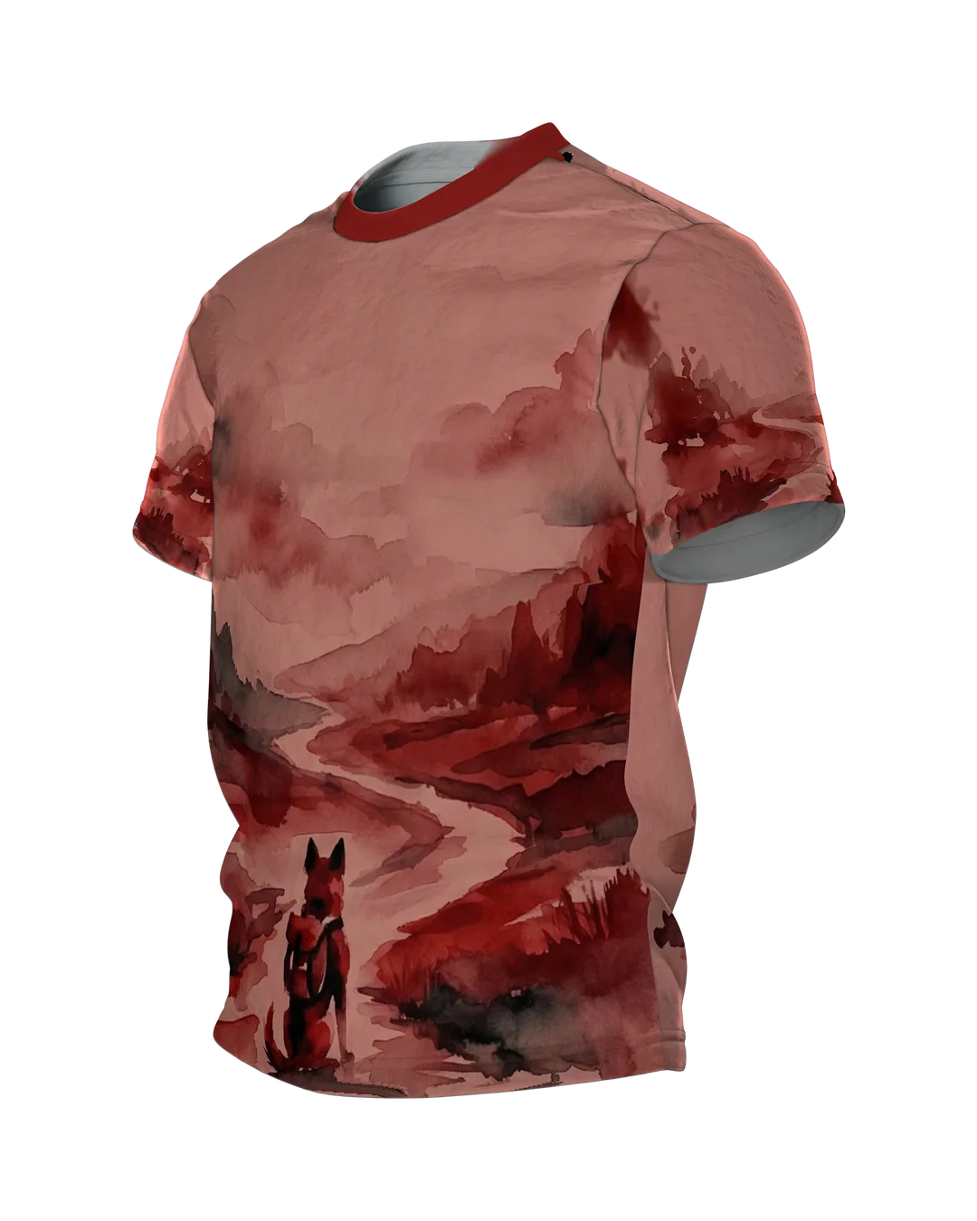 Fuchs Aquarell T-Shirt, Wanderer am Fluss in roter Landschaft, Seitenansicht rechts