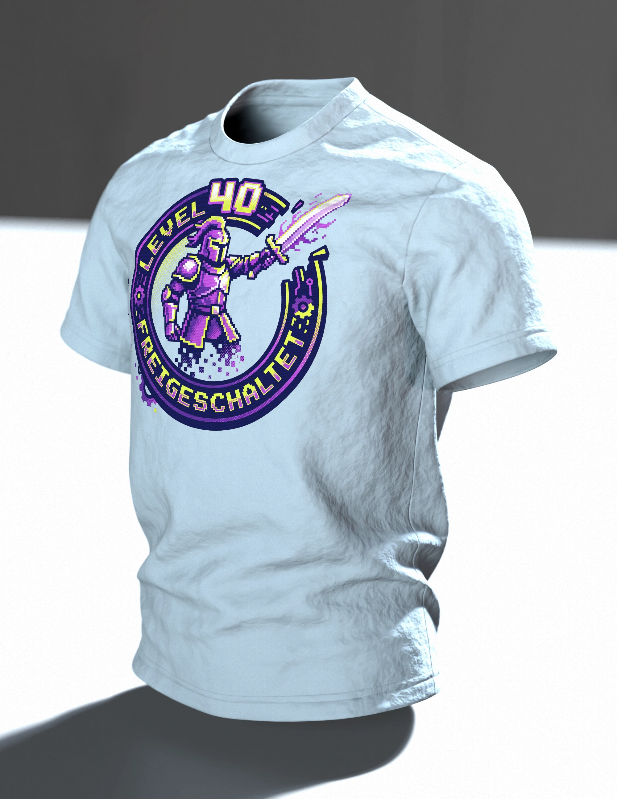 Pixel Ritter T-Shirt "Level 40 freigeschaltet", 8-Bit Gaming Badge zum 40. Geburtstag, Im Raum, schräg