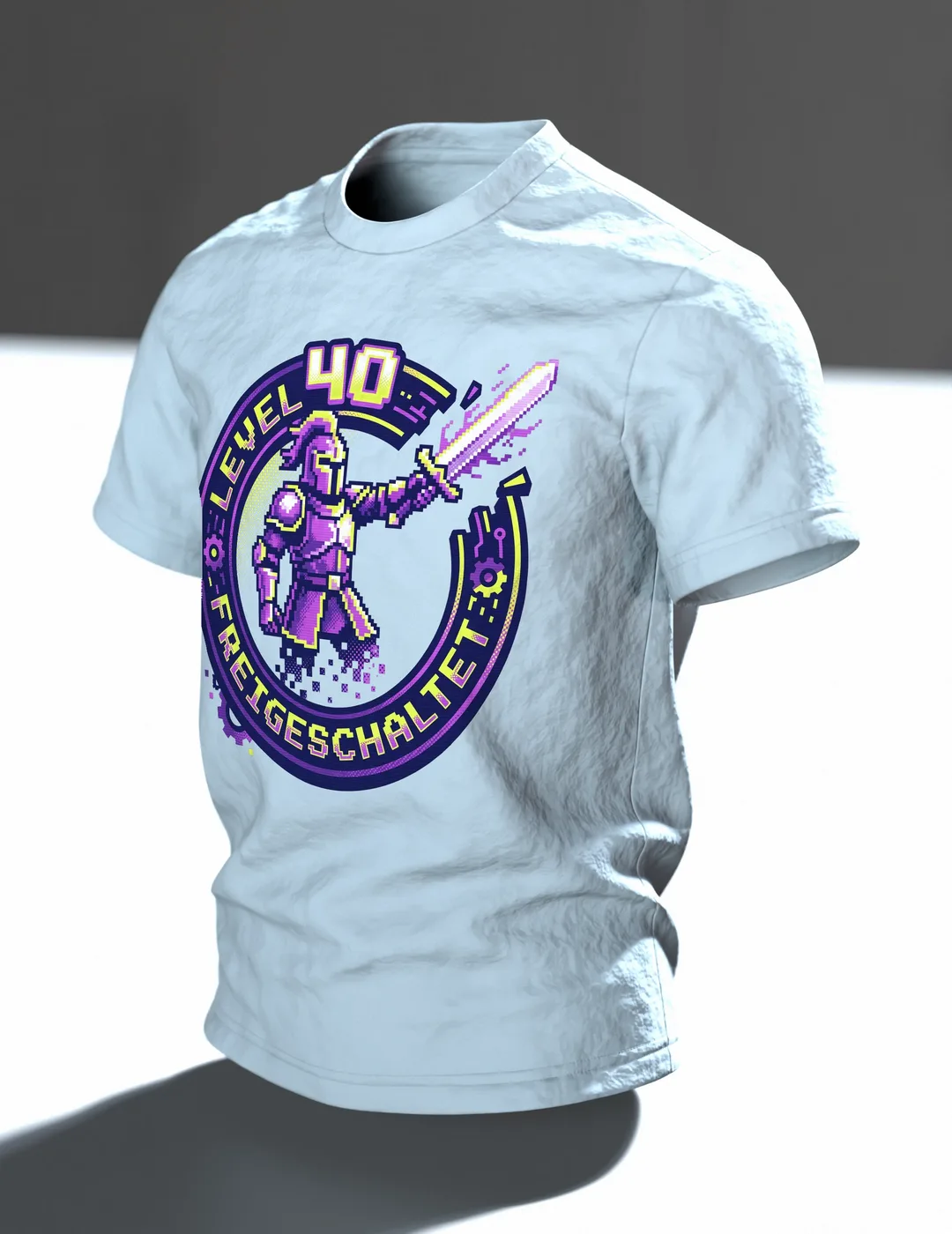 Pixel Ritter T-Shirt "Level 40 freigeschaltet", 8-Bit Gaming Badge zum 40. Geburtstag, Im Raum, schräg