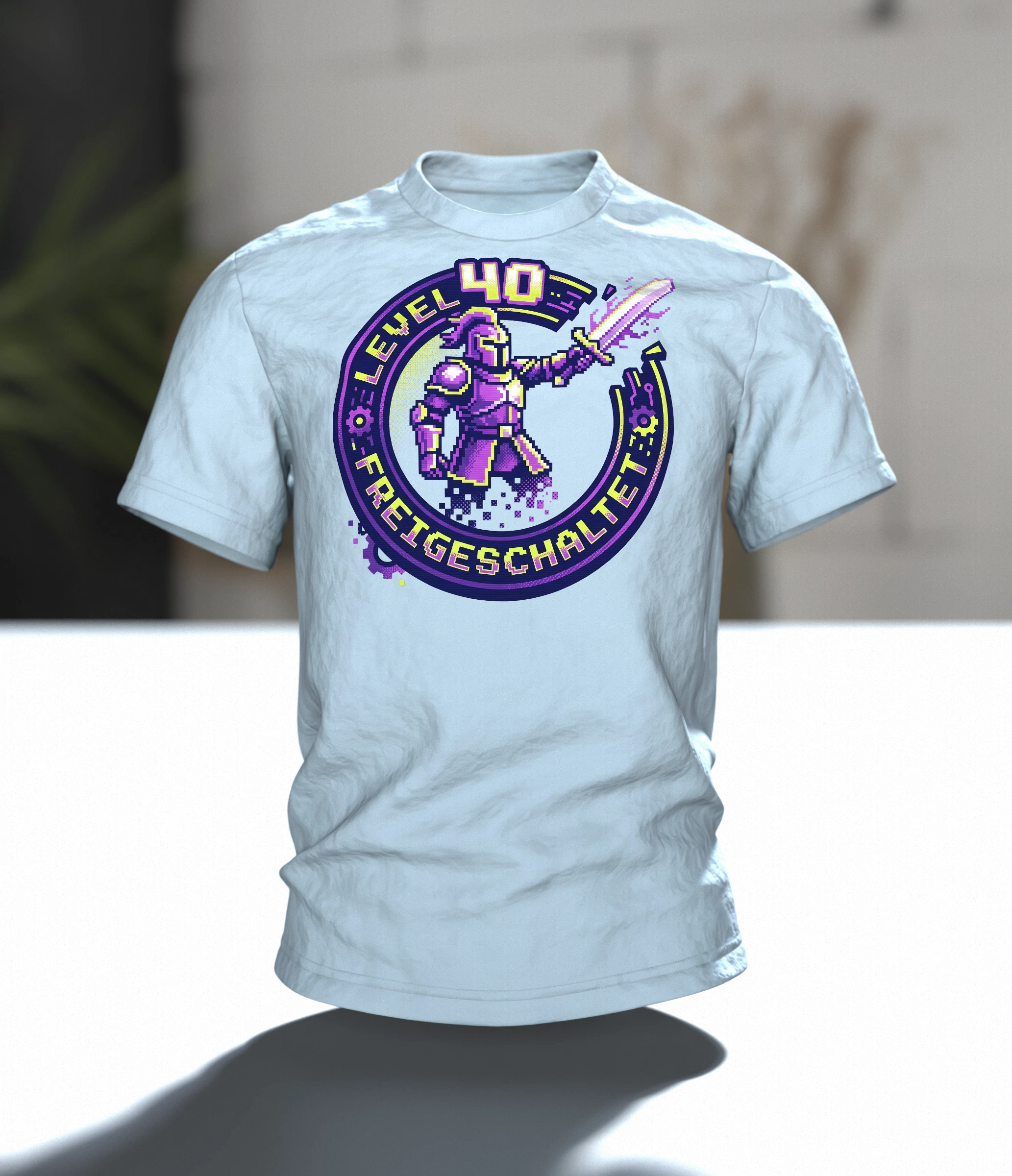 Pixel Ritter T-Shirt "Level 40 freigeschaltet", 8-Bit Gaming Badge zum 40. Geburtstag, Im Raum