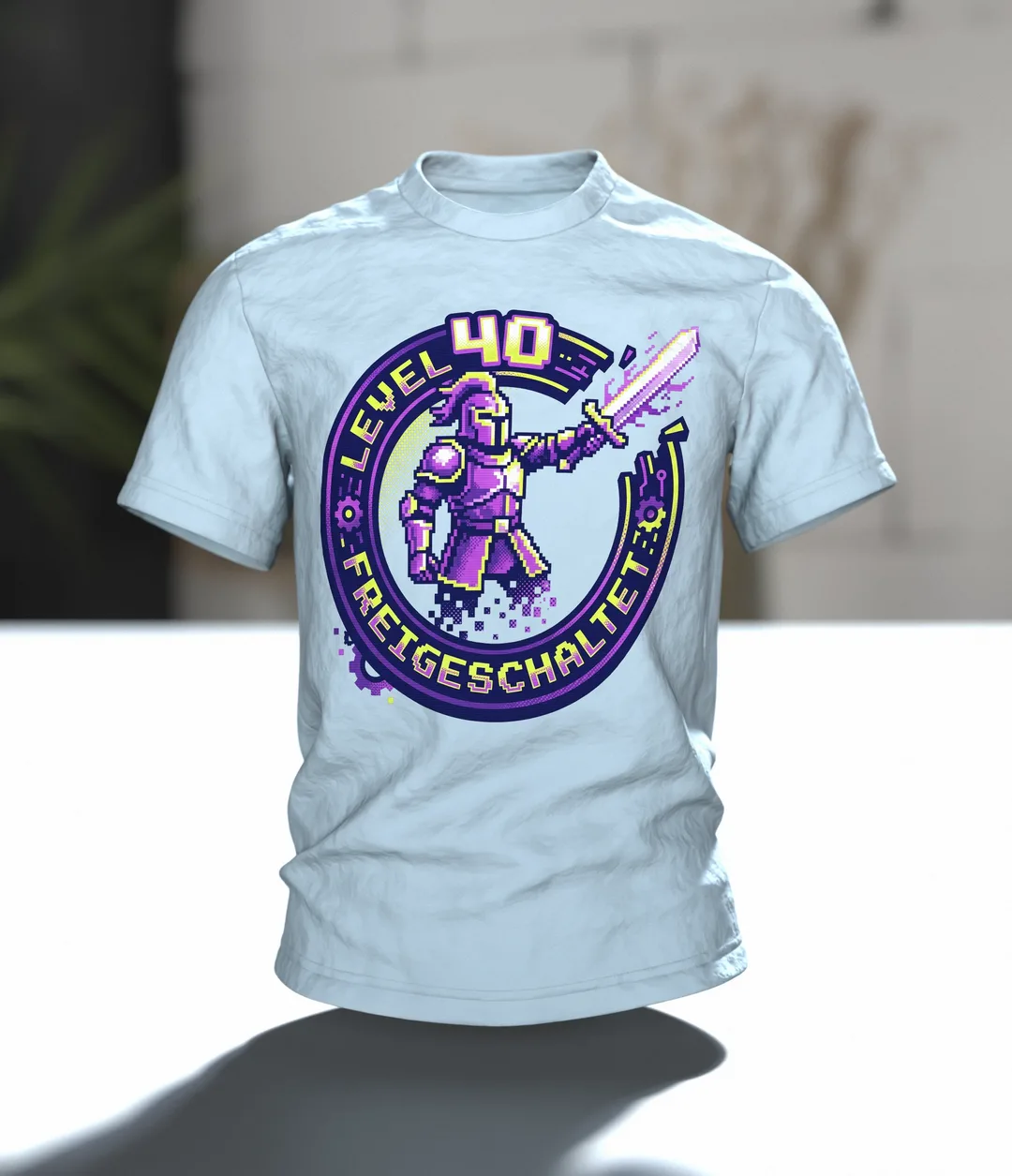 Pixel Ritter T-Shirt "Level 40 freigeschaltet", 8-Bit Gaming Badge zum 40. Geburtstag, Im Raum