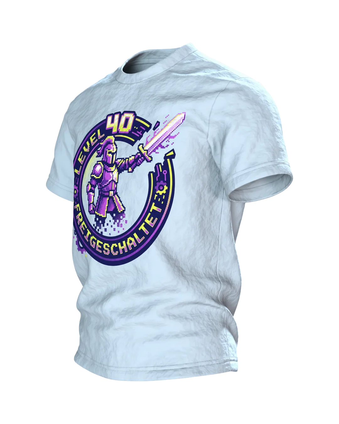 Pixel Ritter T-Shirt "Level 40 freigeschaltet", 8-Bit Gaming Badge zum 40. Geburtstag, Seitenansicht rechts