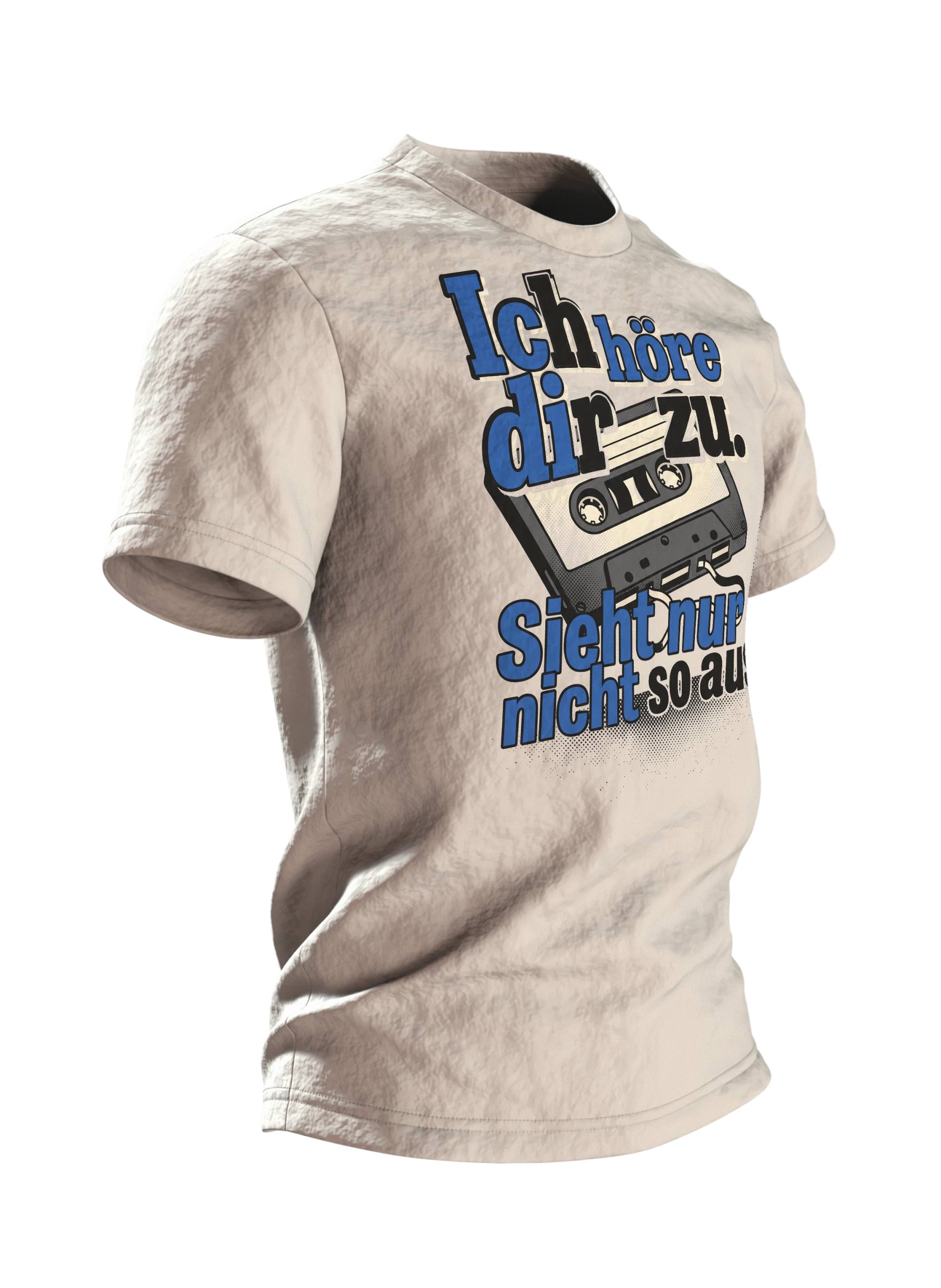 Kassette T-Shirt "Ich höre dir zu. Sieht nur nicht so aus", Retro Pop-Art Spruch, Seitenansicht links