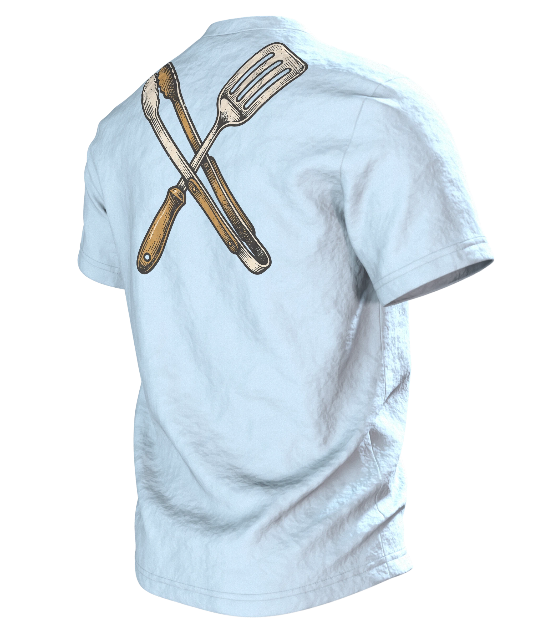 Kugelgrill T-Shirt "Grillmeister, Fleisch ist mein Gemüse", Vintage BBQ Emblem, Rückseite schräg links