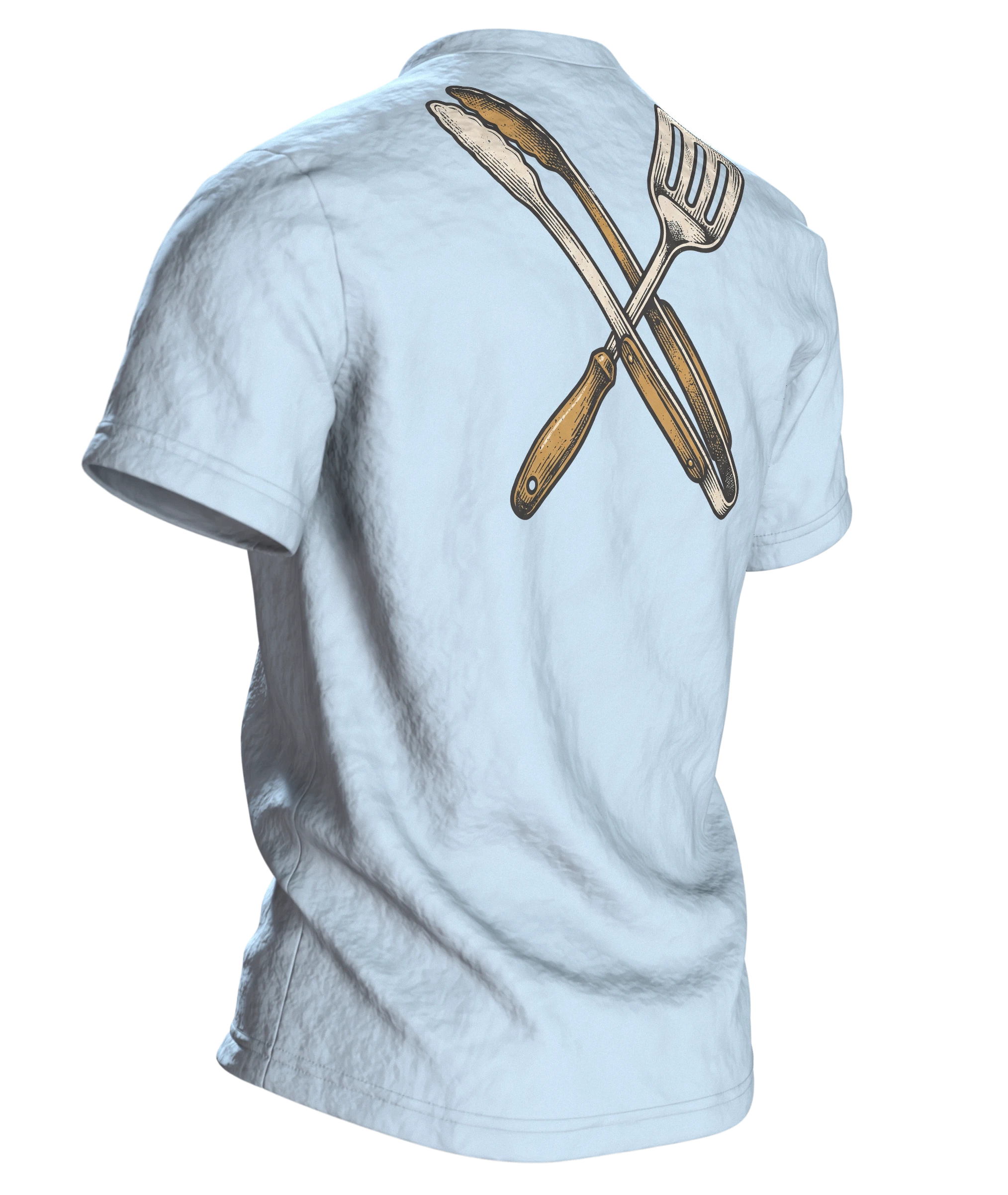 Kugelgrill T-Shirt "Grillmeister, Fleisch ist mein Gemüse", Vintage BBQ Emblem, Rückseite schräg rechts