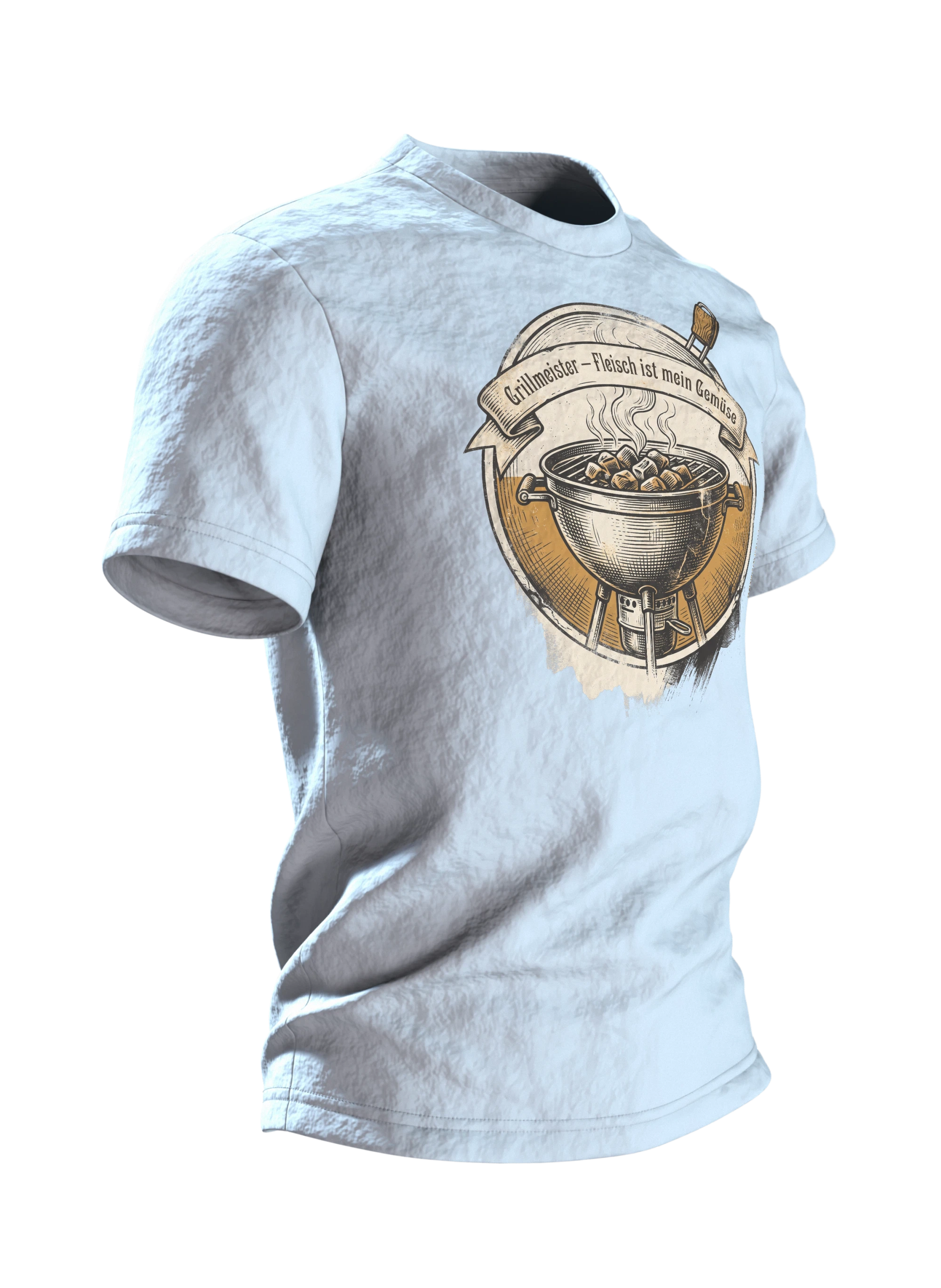 Kugelgrill T-Shirt "Grillmeister, Fleisch ist mein Gemüse", Vintage BBQ Emblem, Seitenansicht links
