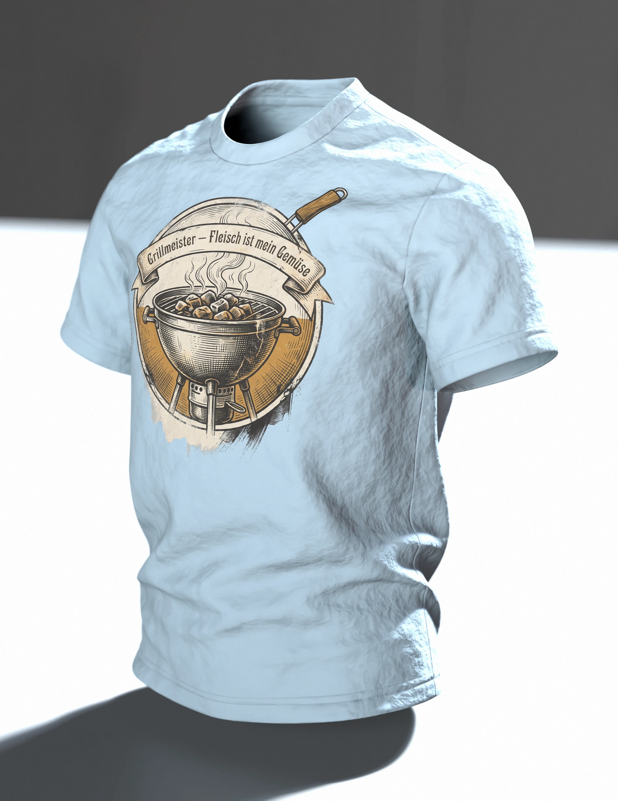 Kugelgrill T-Shirt "Grillmeister, Fleisch ist mein Gemüse", Vintage BBQ Emblem, Im Raum, schräg