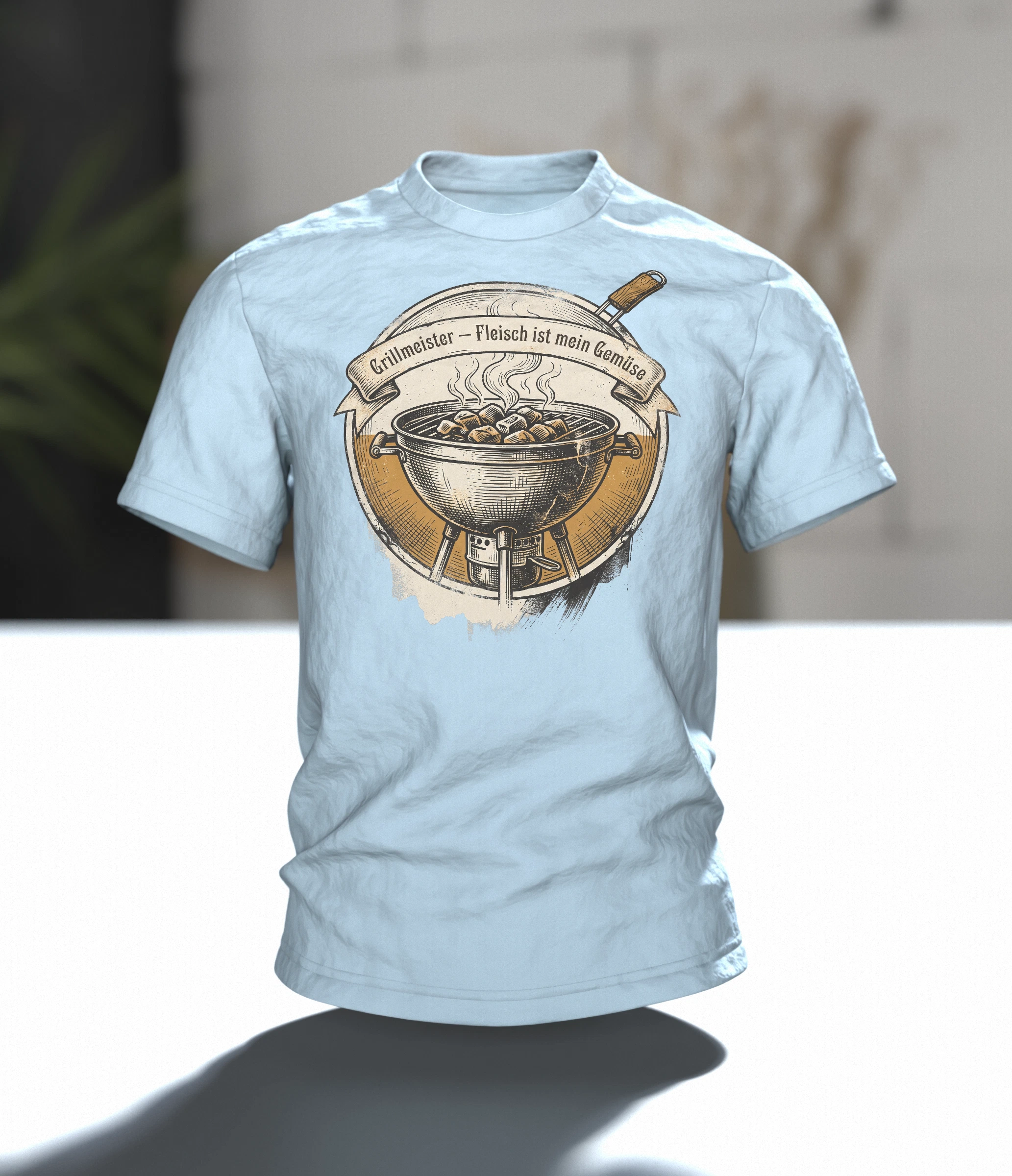 Kugelgrill T-Shirt "Grillmeister, Fleisch ist mein Gemüse", Vintage BBQ Emblem, Im Raum