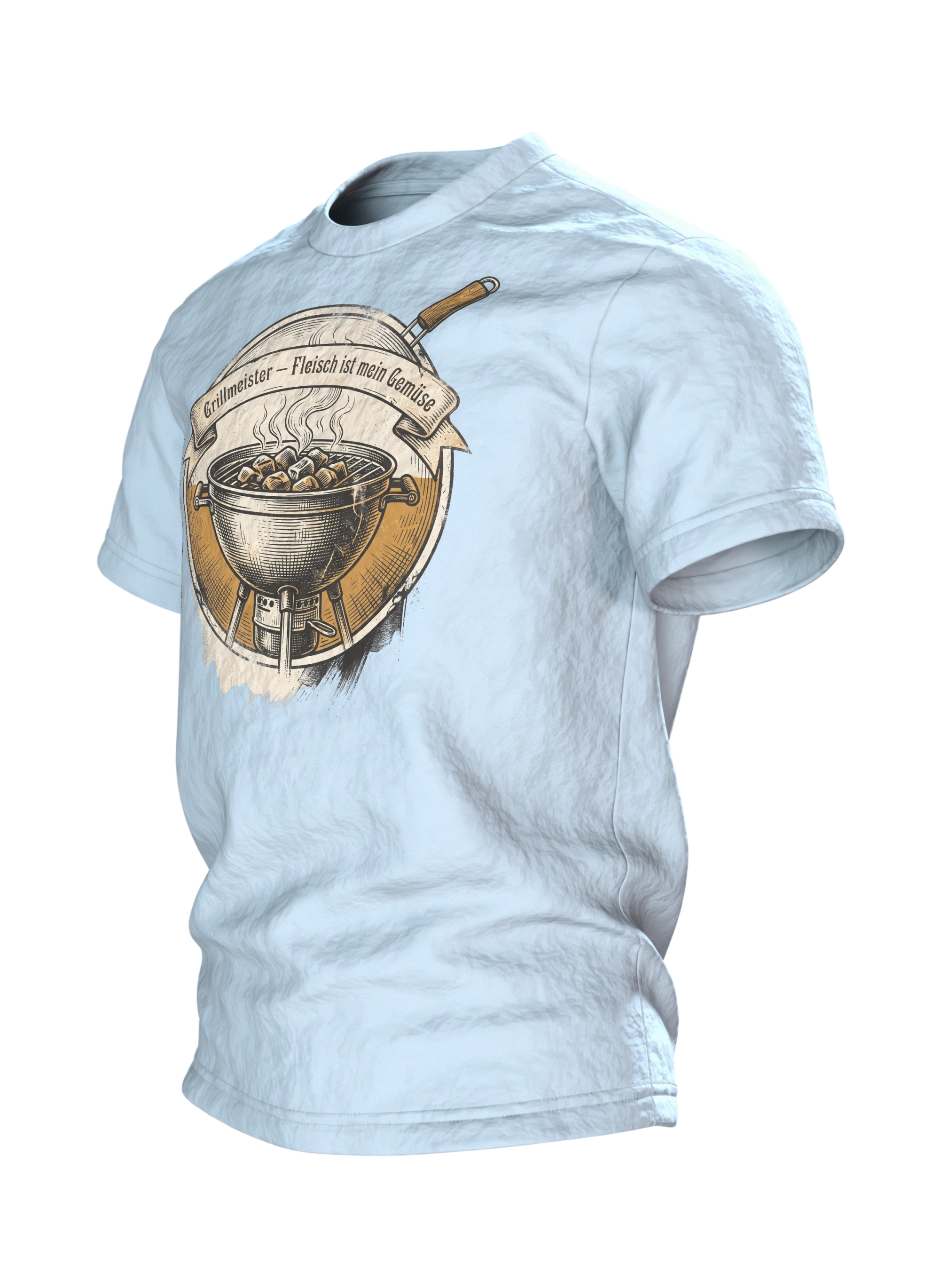 Kugelgrill T-Shirt "Grillmeister, Fleisch ist mein Gemüse", Vintage BBQ Emblem, Seitenansicht rechts