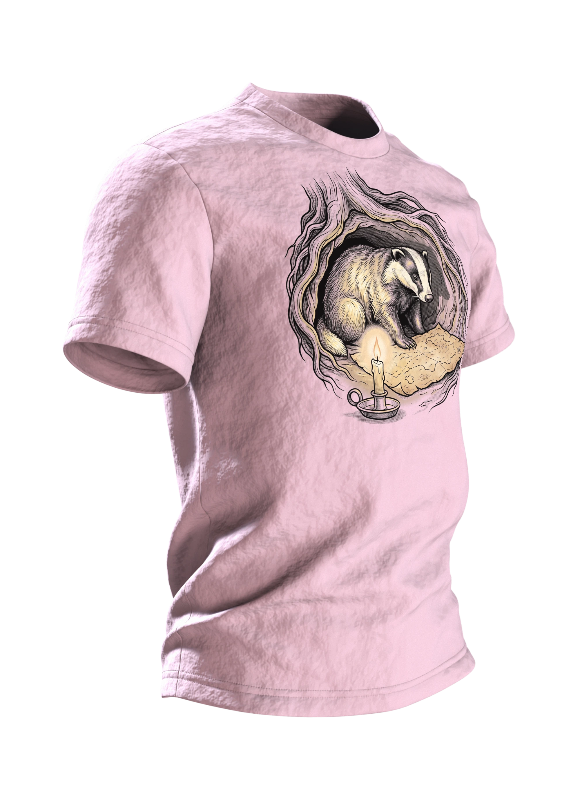 Dachs T-Shirt Erdbau Kerzenschein Schatzkarte Bilderbuch Illustration, Seitenansicht links