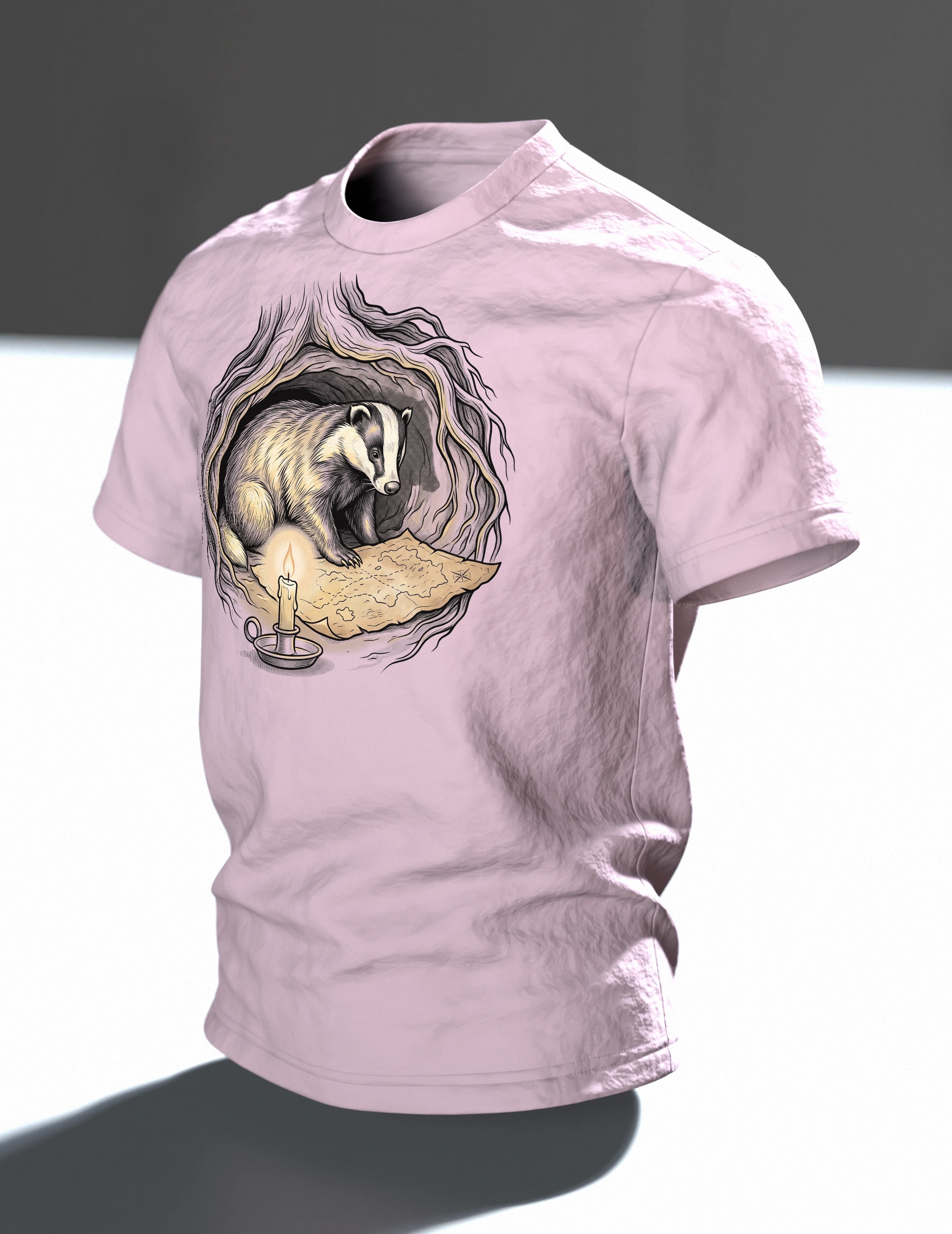 Dachs T-Shirt Erdbau Kerzenschein Schatzkarte Bilderbuch Illustration, Im Raum, schräg