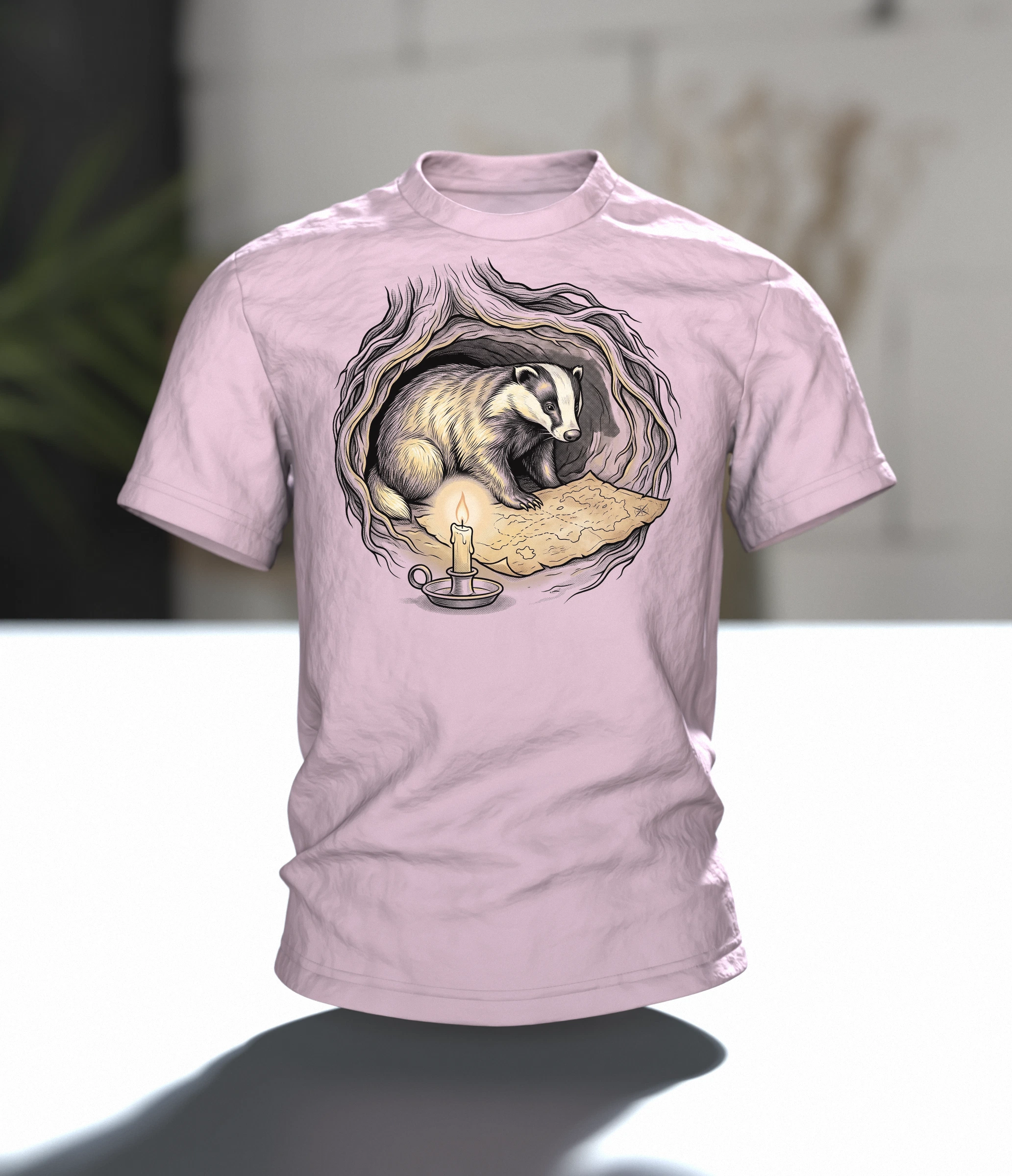 Dachs T-Shirt Erdbau Kerzenschein Schatzkarte Bilderbuch Illustration, Im Raum
