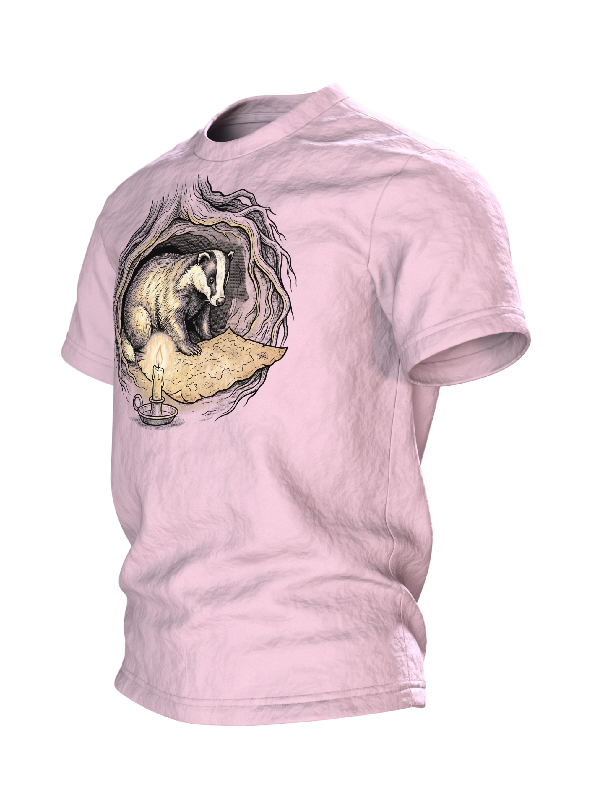 Dachs T-Shirt Erdbau Kerzenschein Schatzkarte Bilderbuch Illustration, Seitenansicht rechts