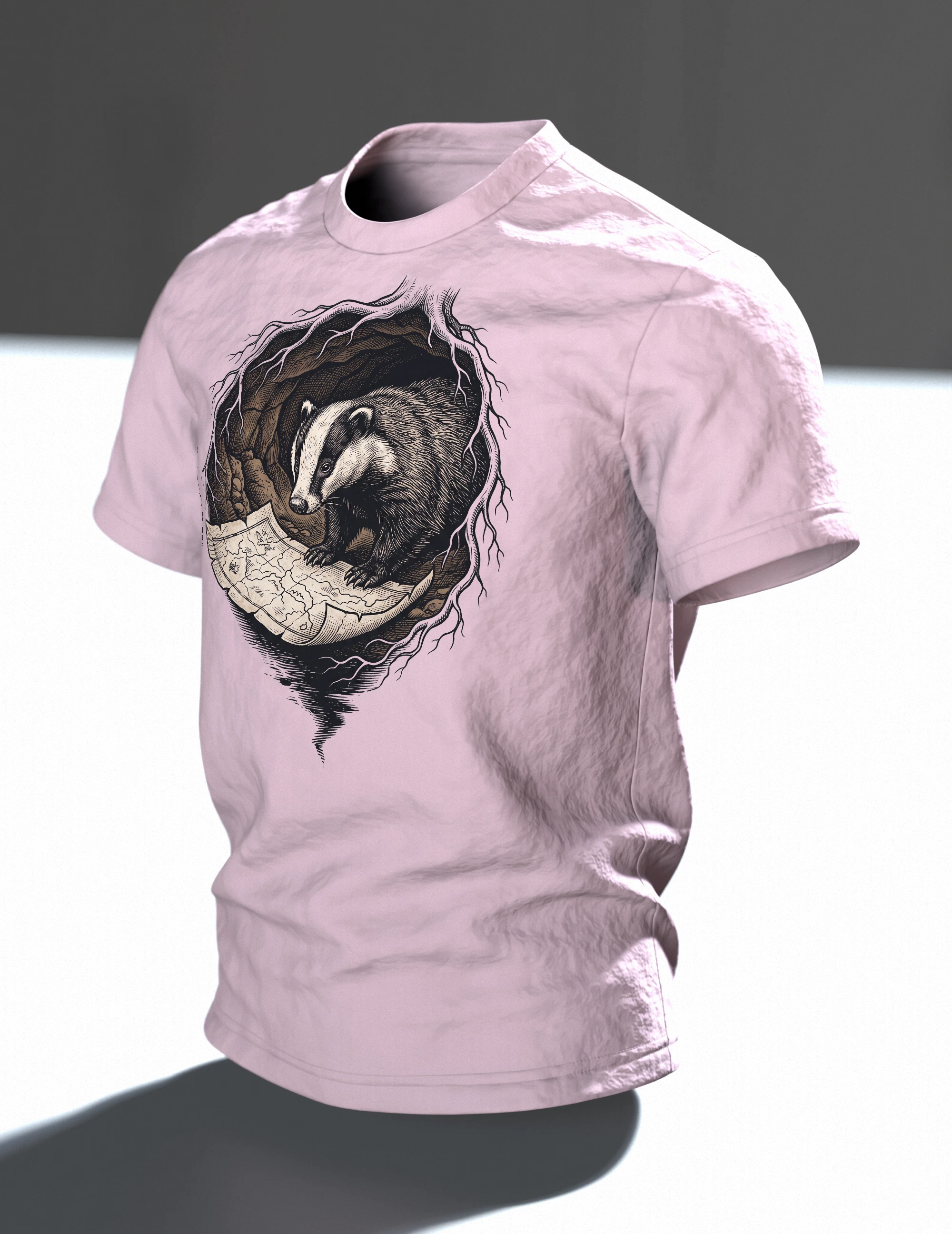 Dachs T-Shirt Holzschnitt Wildtier Naturkunde, Im Raum, schräg