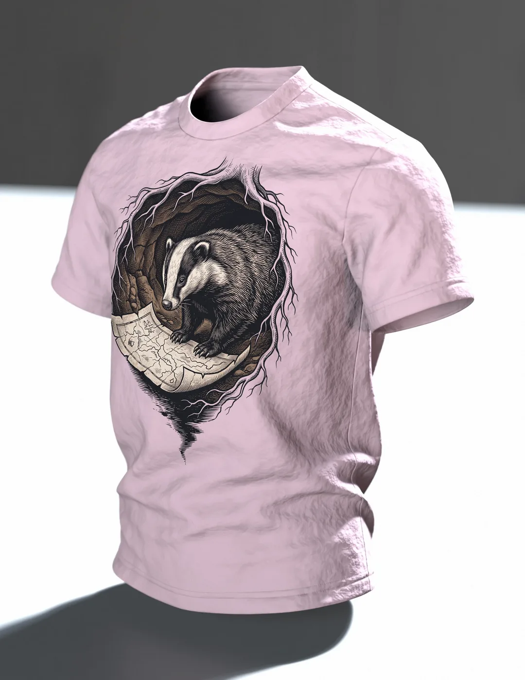 Dachs T-Shirt Holzschnitt Wildtier Naturkunde, Im Raum, schräg
