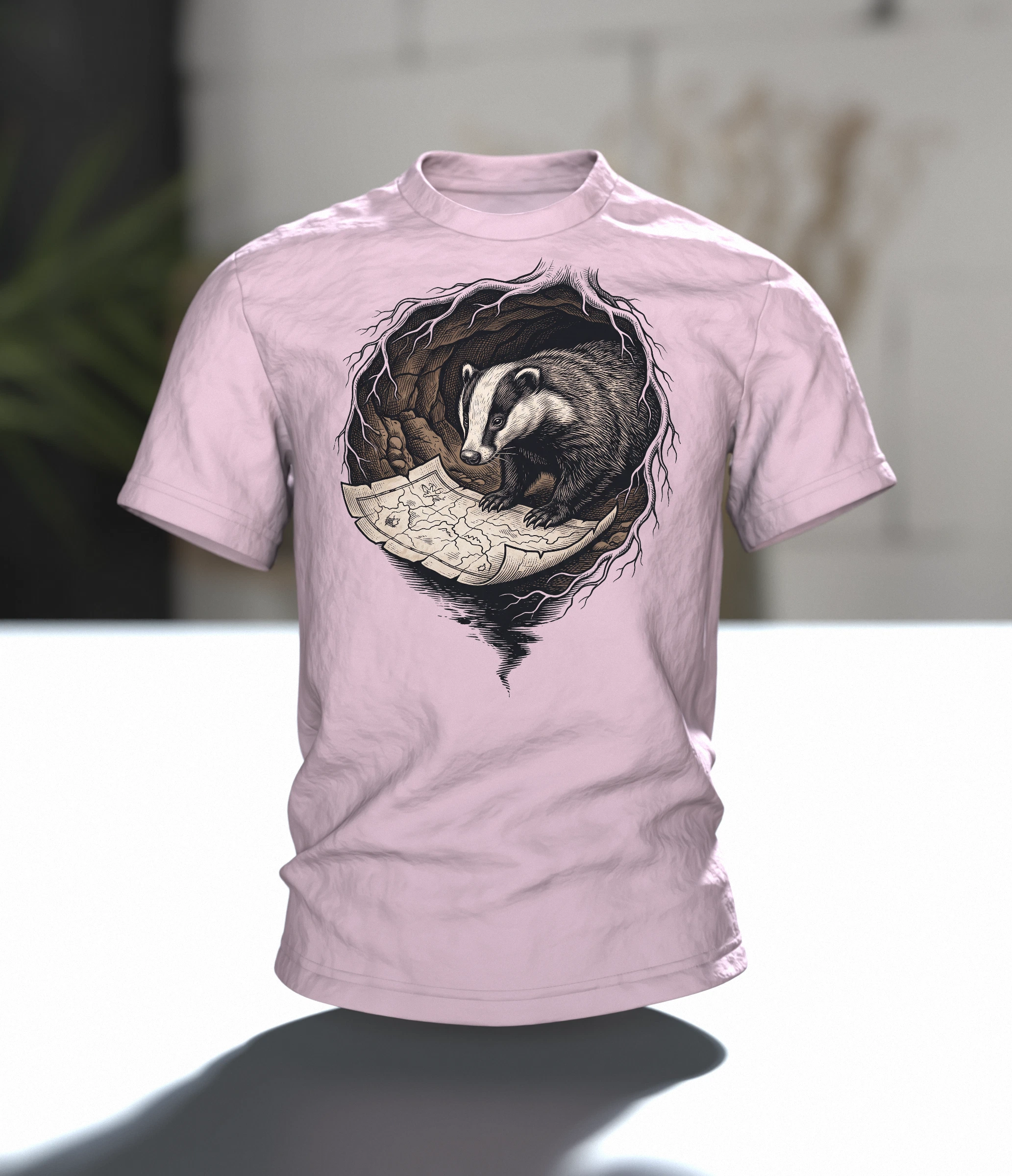 Dachs T-Shirt Holzschnitt Wildtier Naturkunde, Im Raum