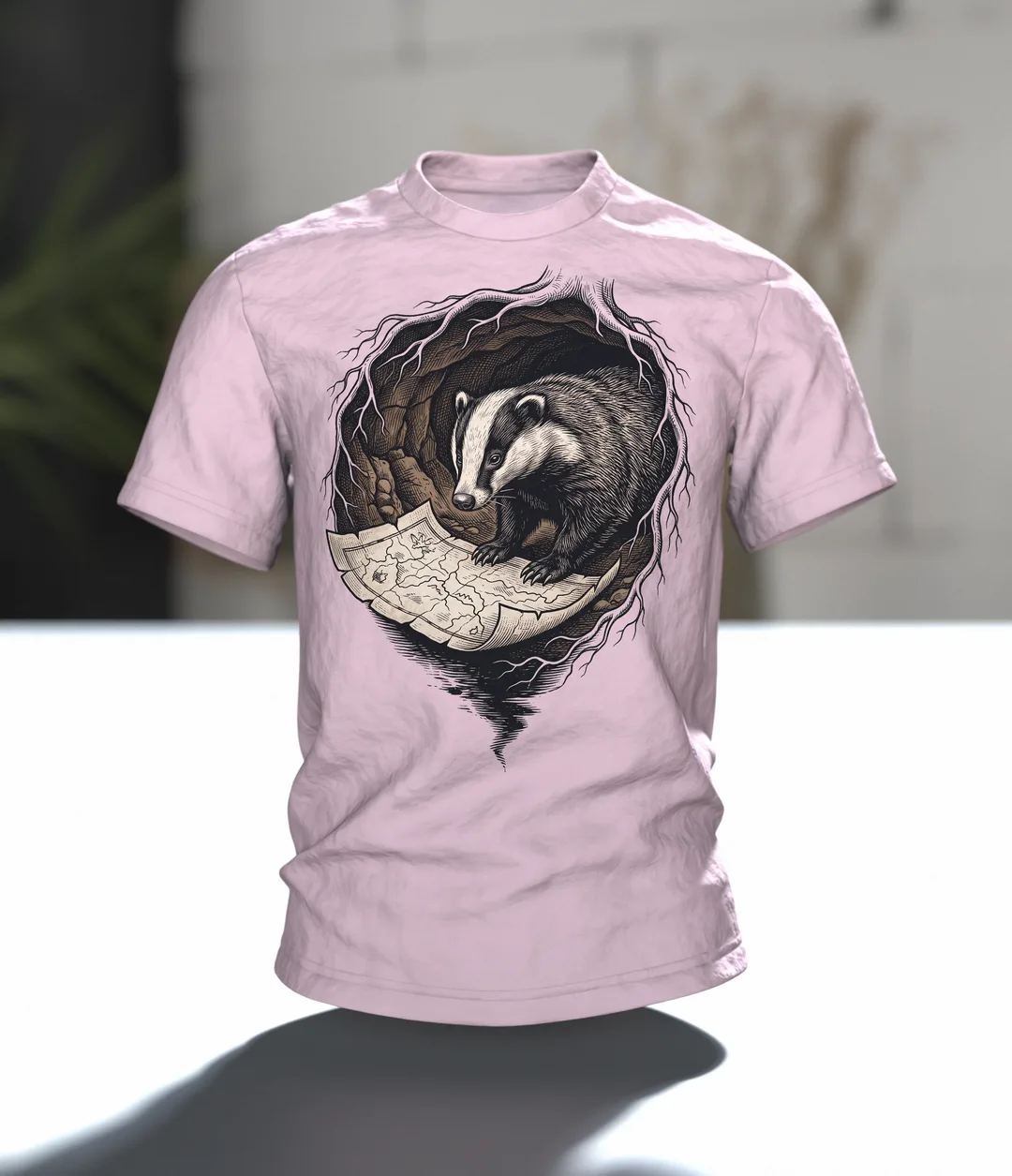 Dachs T-Shirt Holzschnitt Wildtier Naturkunde, Im Raum