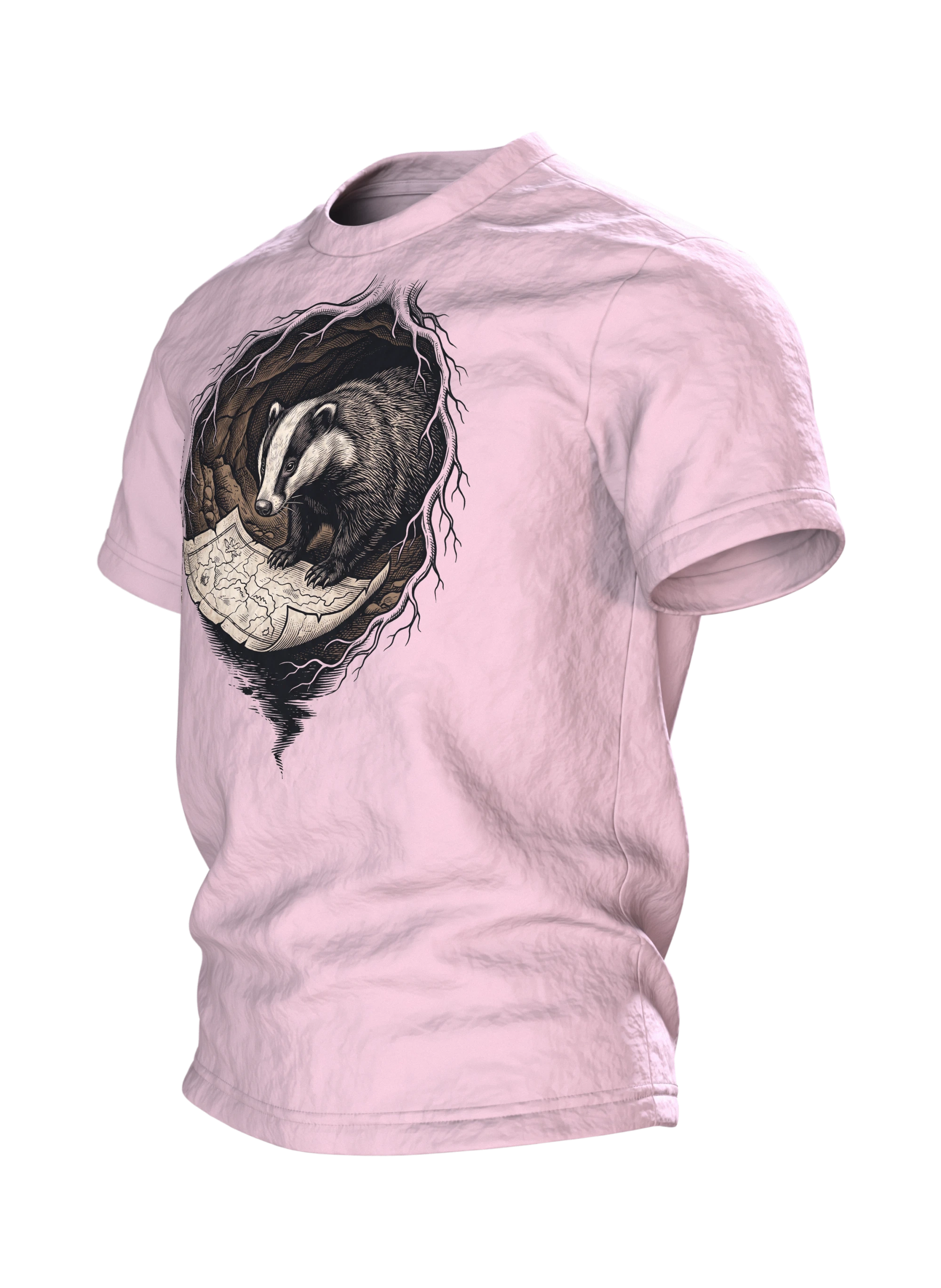 Dachs T-Shirt Holzschnitt Wildtier Naturkunde, Seitenansicht rechts