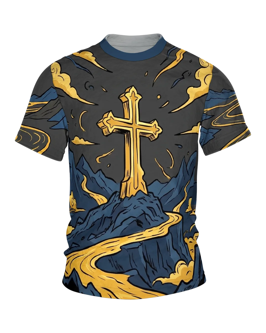 Golden Cross T-shirt, summit cross above a golden mountain river in comic style on charcoal