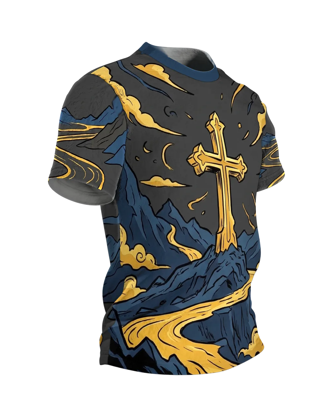 Golden Cross T-shirt, summit cross above a golden mountain river in comic style on charcoal, Side view, left