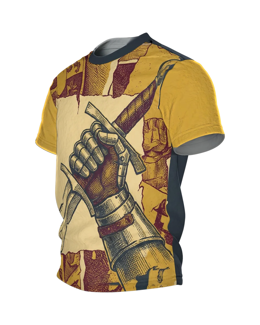 Zerbrochenes Schwert T-Shirt: Gepanzerte Faust im Chronik-Stil, Seitenansicht rechts