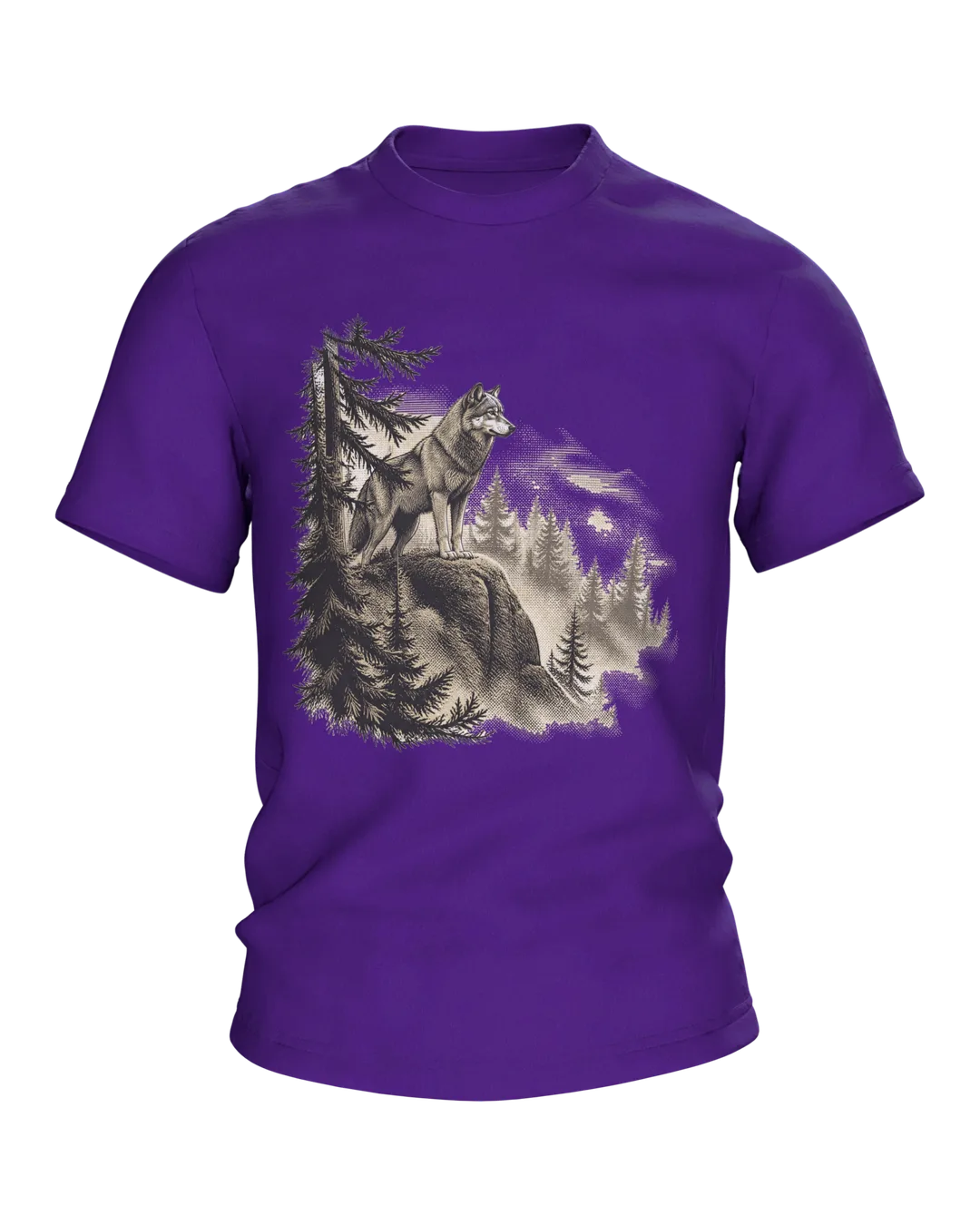 Vintage Wolf T-Shirt: Wolf auf dem Felsen im Nadelwald