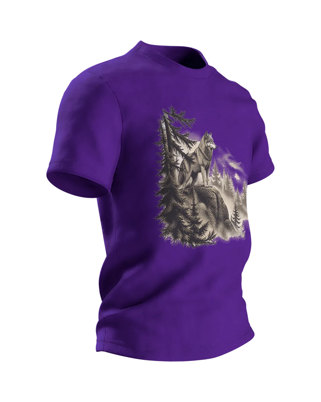 Vintage Wolf T-Shirt: Wolf on the Rock Above the Forest, Side view, left