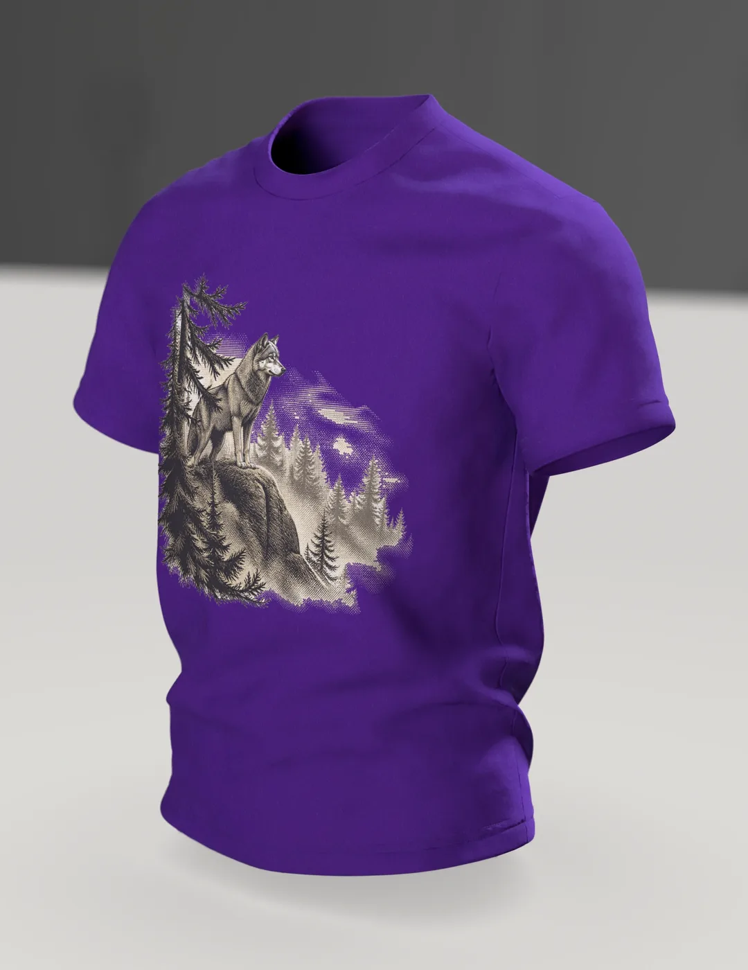 Vintage Wolf T-Shirt: Wolf on the Rock Above the Forest, In context, angled