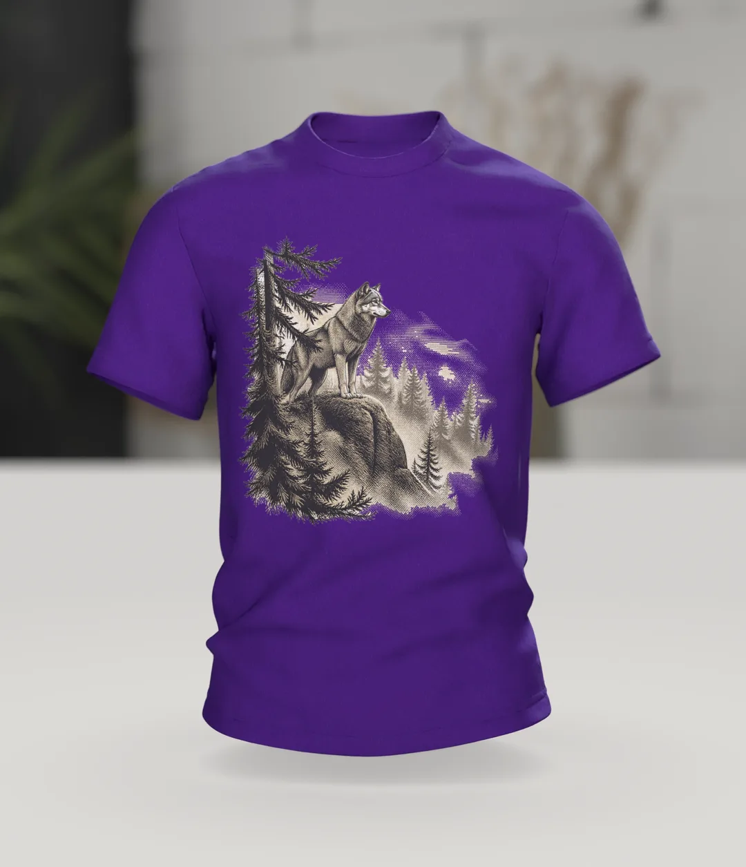 Vintage Wolf T-Shirt: Wolf on the Rock Above the Forest, In context