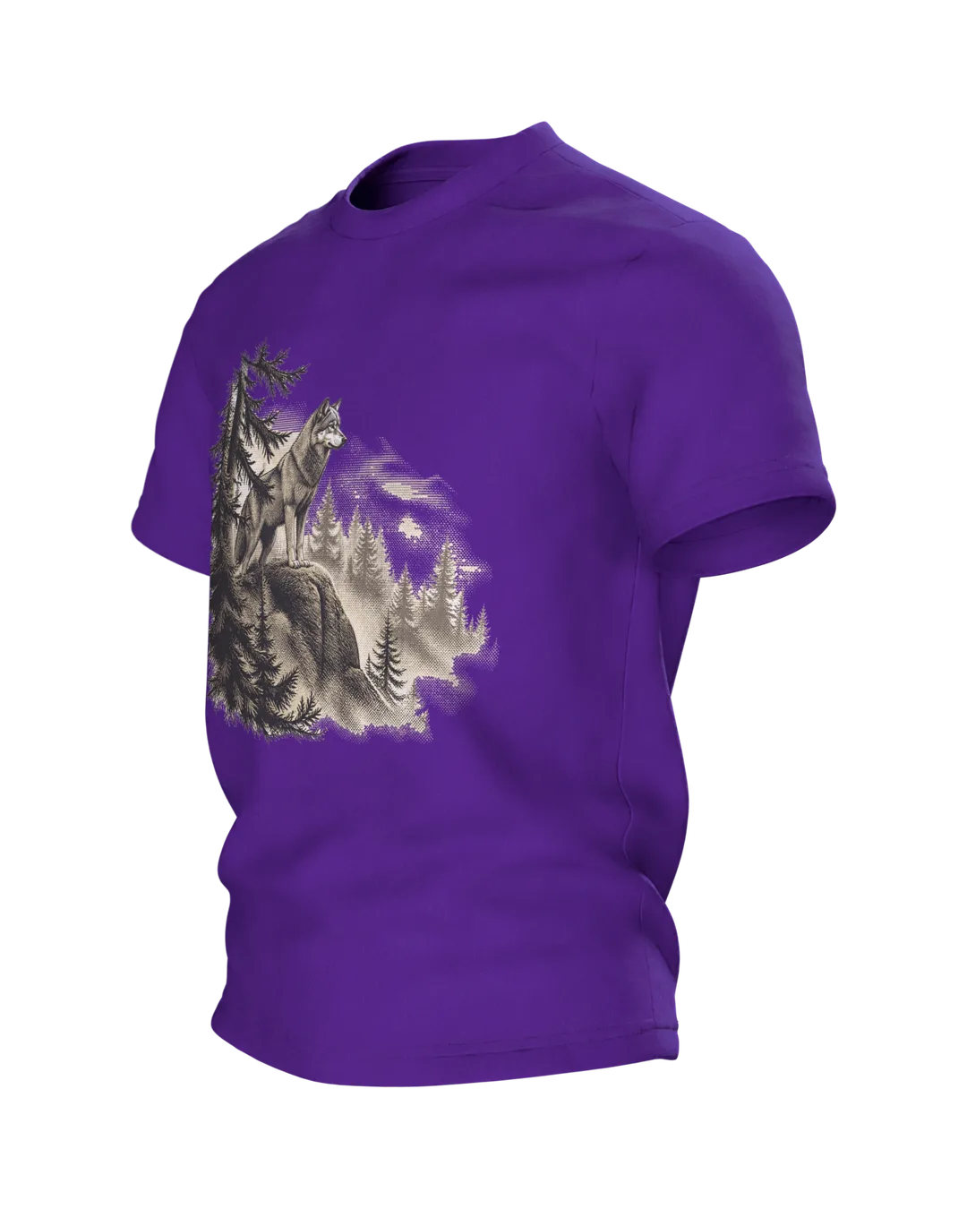 Vintage Wolf T-Shirt: Wolf on the Rock Above the Forest, Side view, right