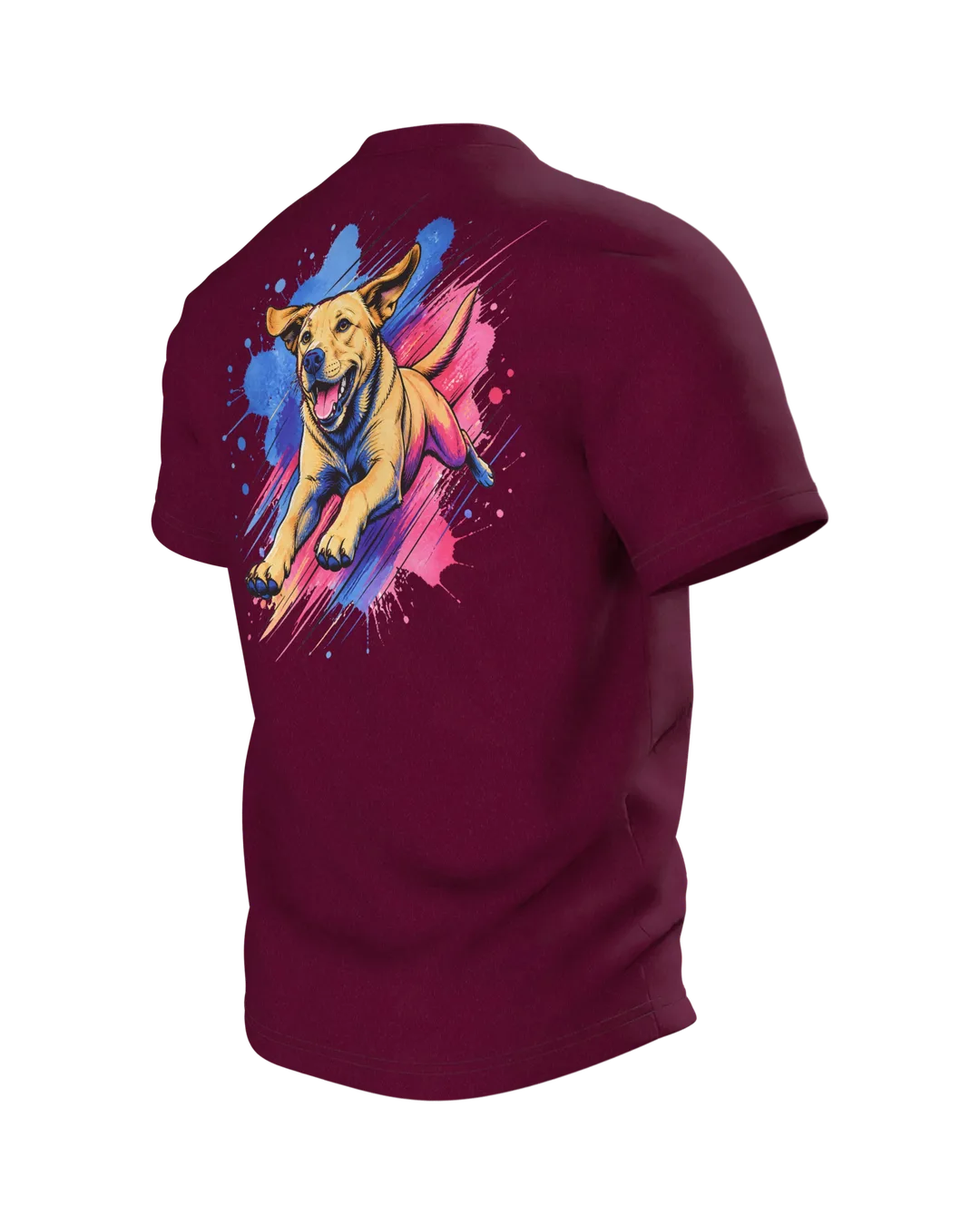 Labrador T-Shirt, springender Hund im Pop-Art-Stil mit Farbklecks-Landung, Rückseite schräg links