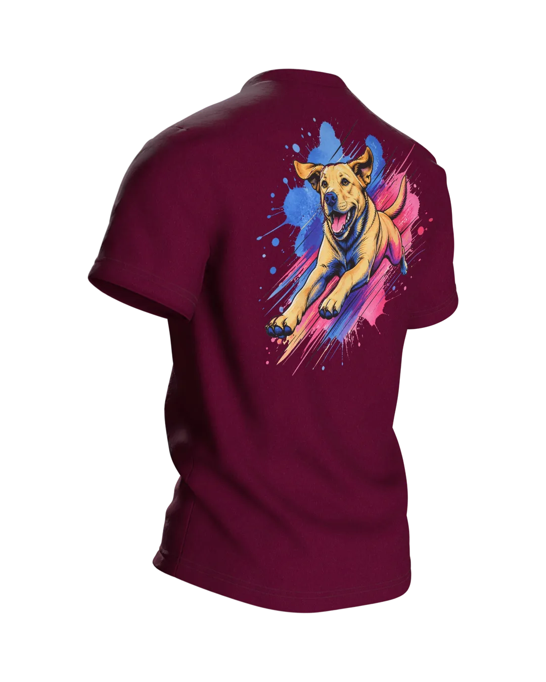 Labrador T-Shirt, springender Hund im Pop-Art-Stil mit Farbklecks-Landung, Rückseite schräg rechts
