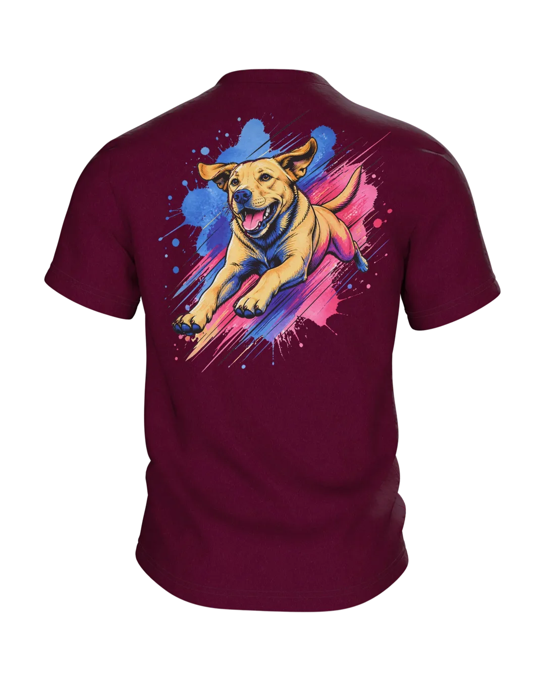 Labrador T-Shirt, springender Hund im Pop-Art-Stil mit Farbklecks-Landung, Rückseite