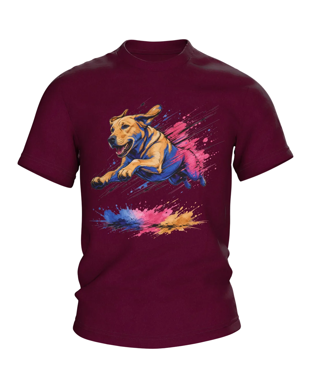 Labrador T-shirt, Jumping Dog in Pop Art Style with Paint Splash Landing