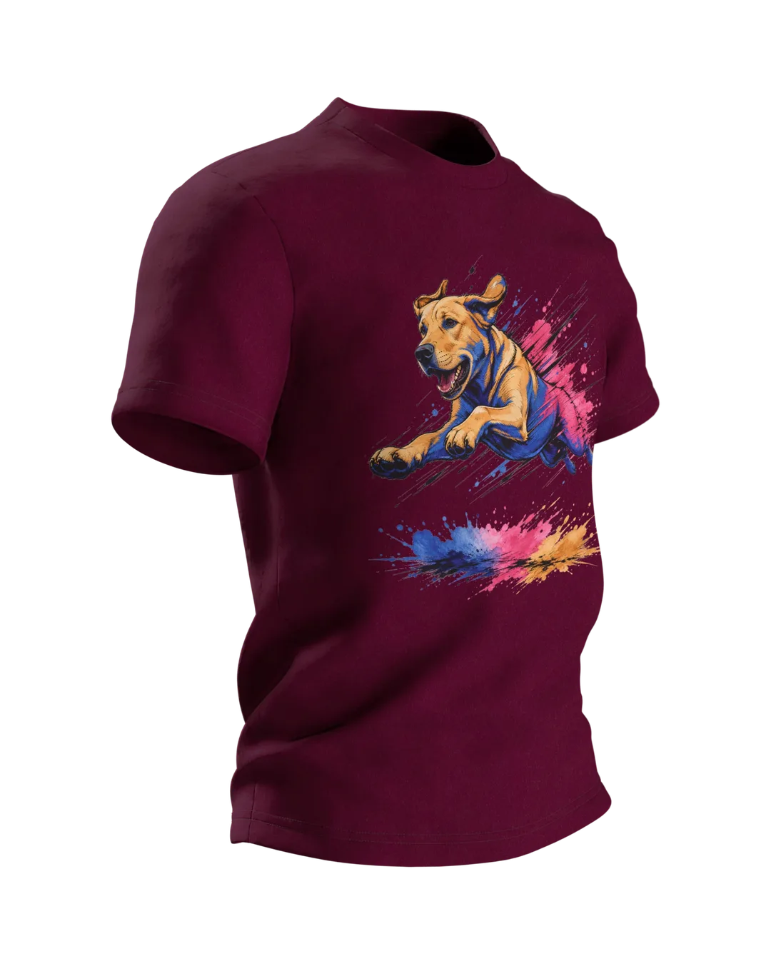 Labrador T-Shirt, springender Hund im Pop-Art-Stil mit Farbklecks-Landung, Seitenansicht links