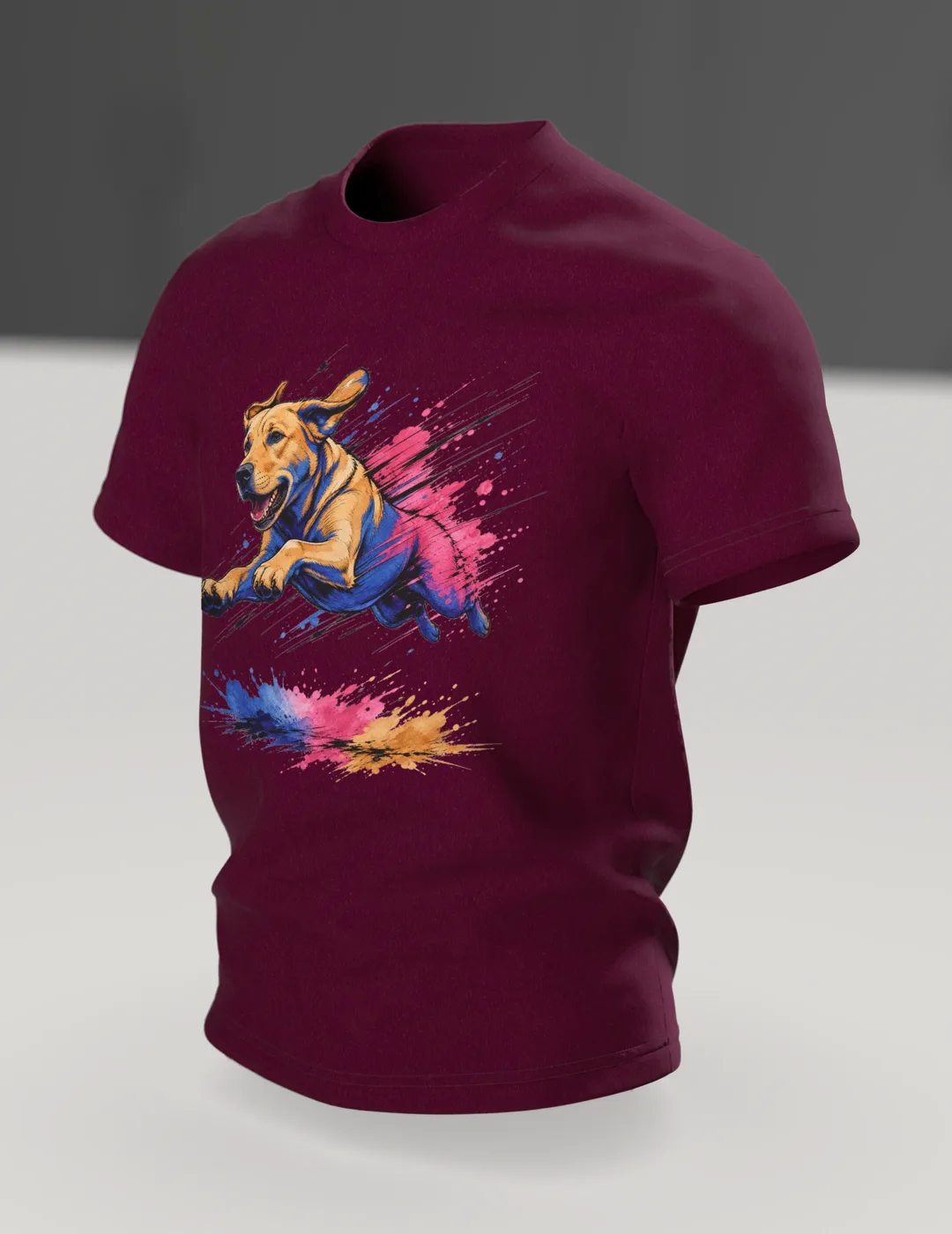 Labrador T-Shirt, springender Hund im Pop-Art-Stil mit Farbklecks-Landung, Im Raum, schräg