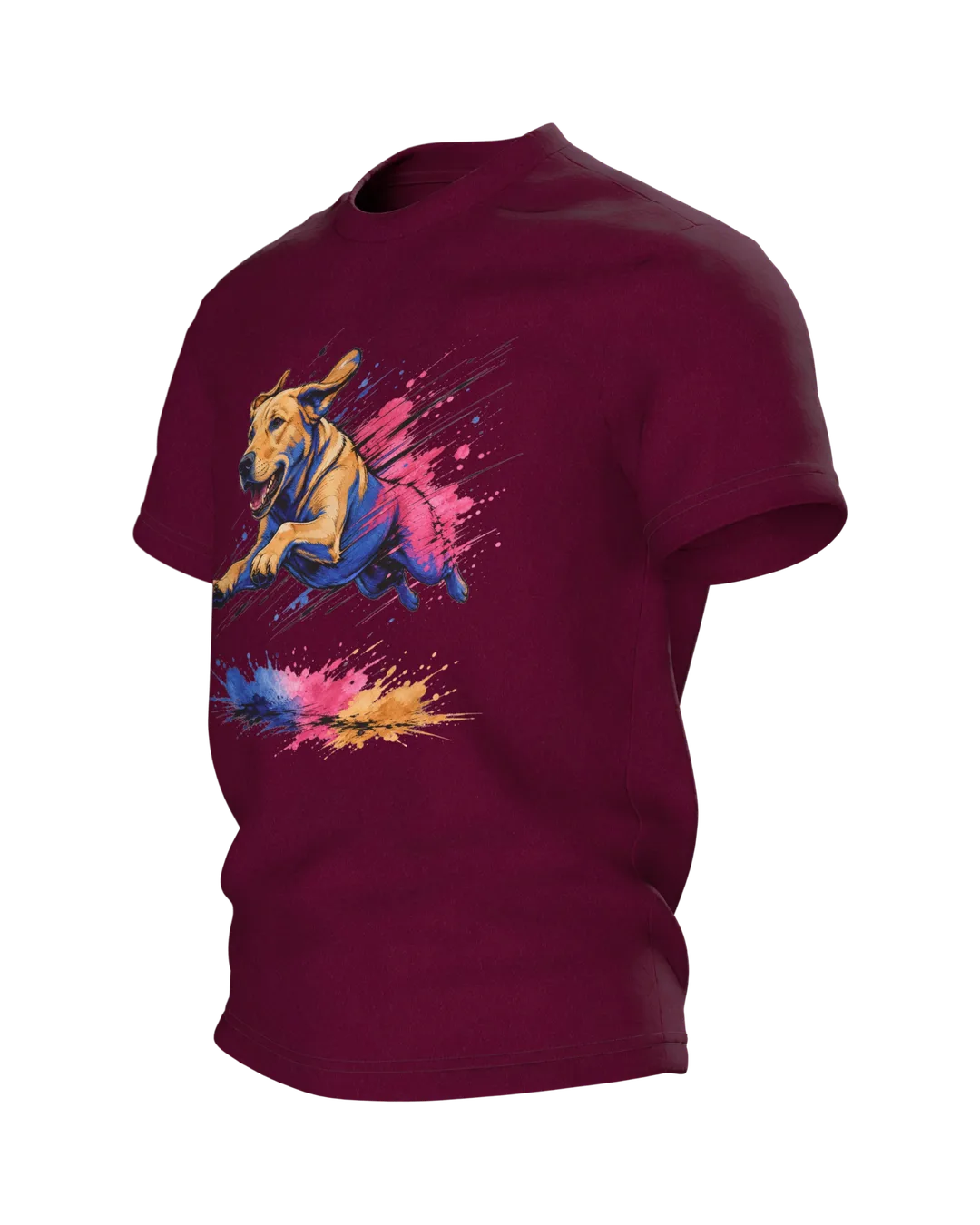 Labrador T-Shirt, springender Hund im Pop-Art-Stil mit Farbklecks-Landung, Seitenansicht rechts