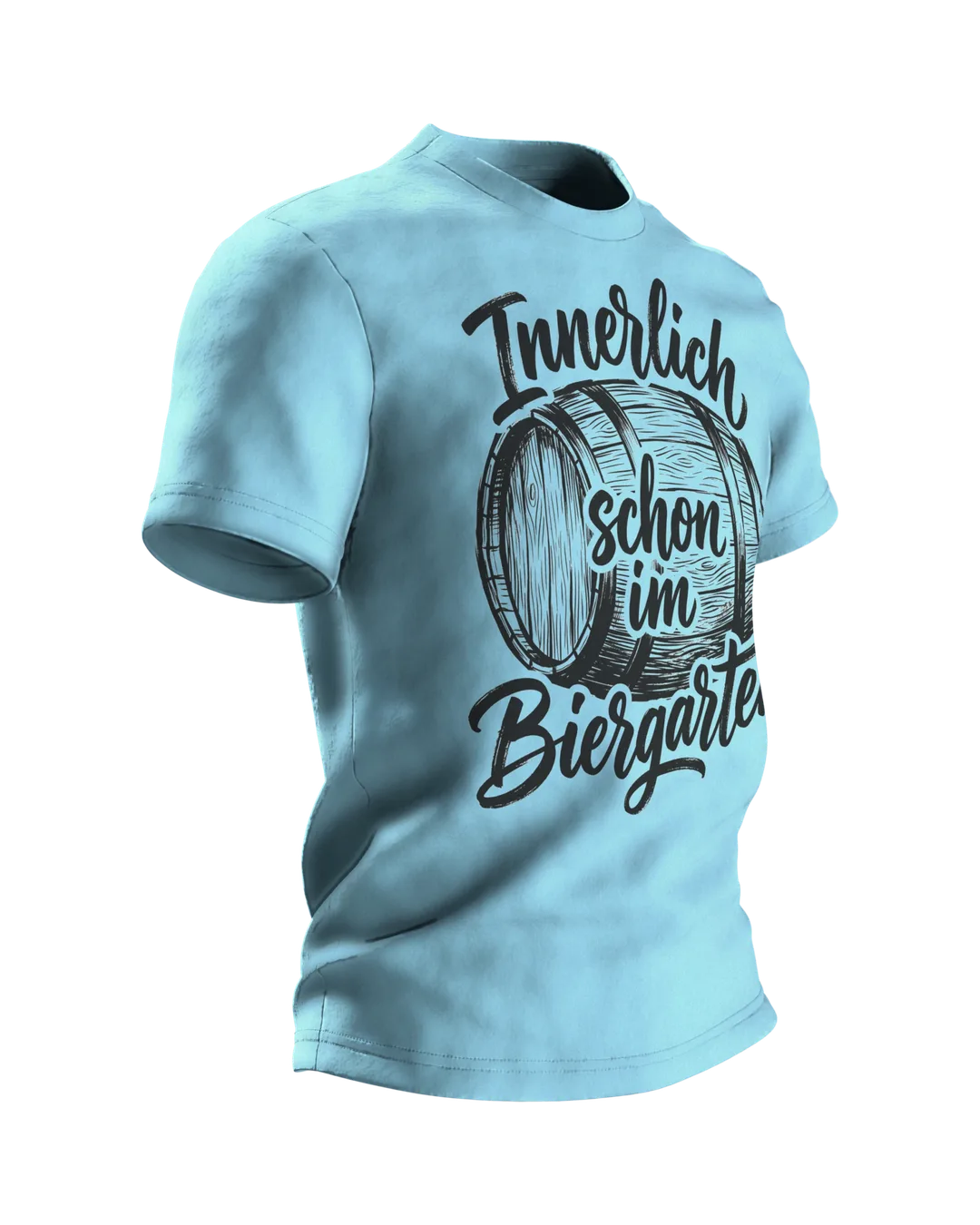 Biergarten T-Shirt "Innerlich schon im Biergarten", Holzfass mit Brush-Lettering, Seitenansicht links