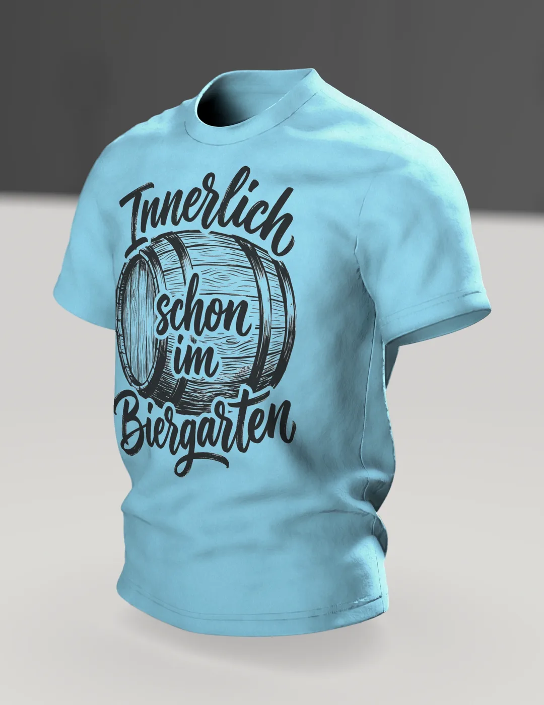Biergarten T-Shirt "Innerlich schon im Biergarten", Holzfass mit Brush-Lettering, Im Raum, schräg