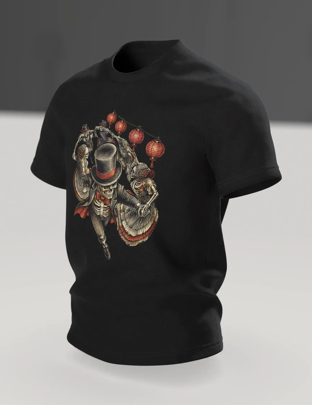 Totentanz T-Shirt: Lampion-Ball der Skelette, Im Raum, schräg