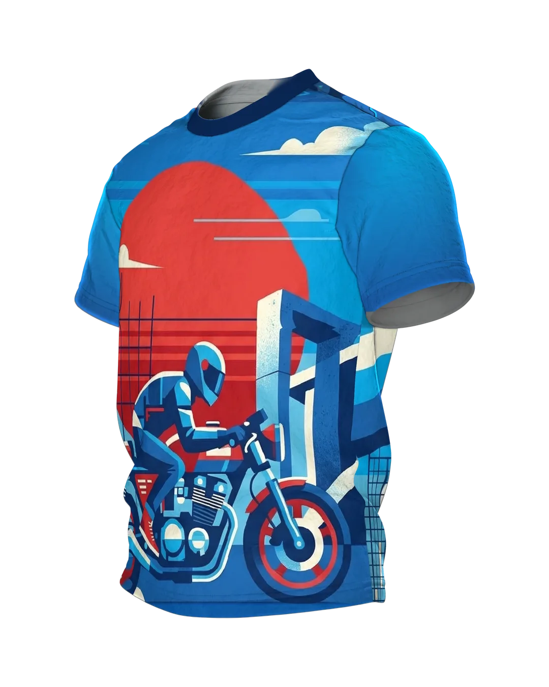 Vintage Cafe Racer T-Shirt, Fahrer vor roter Sonne im Poster-Stil, Hochtrassen-Grafik am Rücken, Seitenansicht rechts