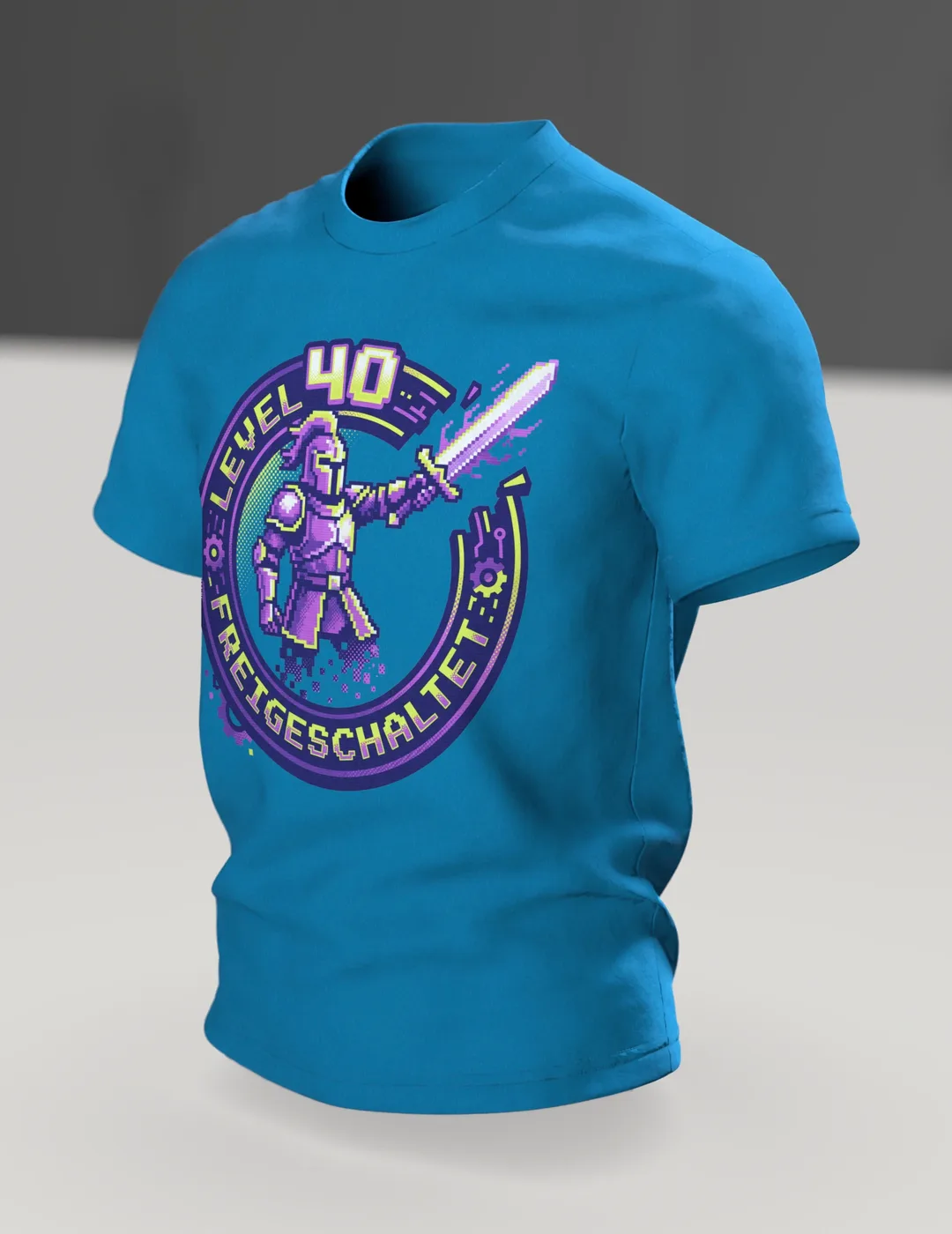 Pixel Ritter T-Shirt "Level 40 freigeschaltet", 8-Bit Gaming Badge zum 40. Geburtstag, Im Raum, schräg
