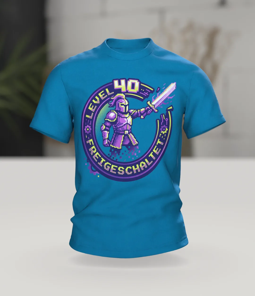 Pixel Ritter T-Shirt "Level 40 freigeschaltet", 8-Bit Gaming Badge zum 40. Geburtstag, Im Raum