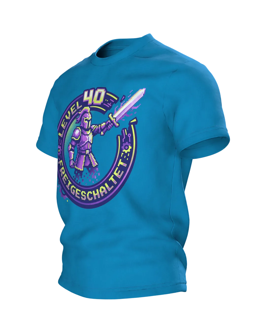 Pixel Ritter T-Shirt "Level 40 freigeschaltet", 8-Bit Gaming Badge zum 40. Geburtstag, Seitenansicht rechts