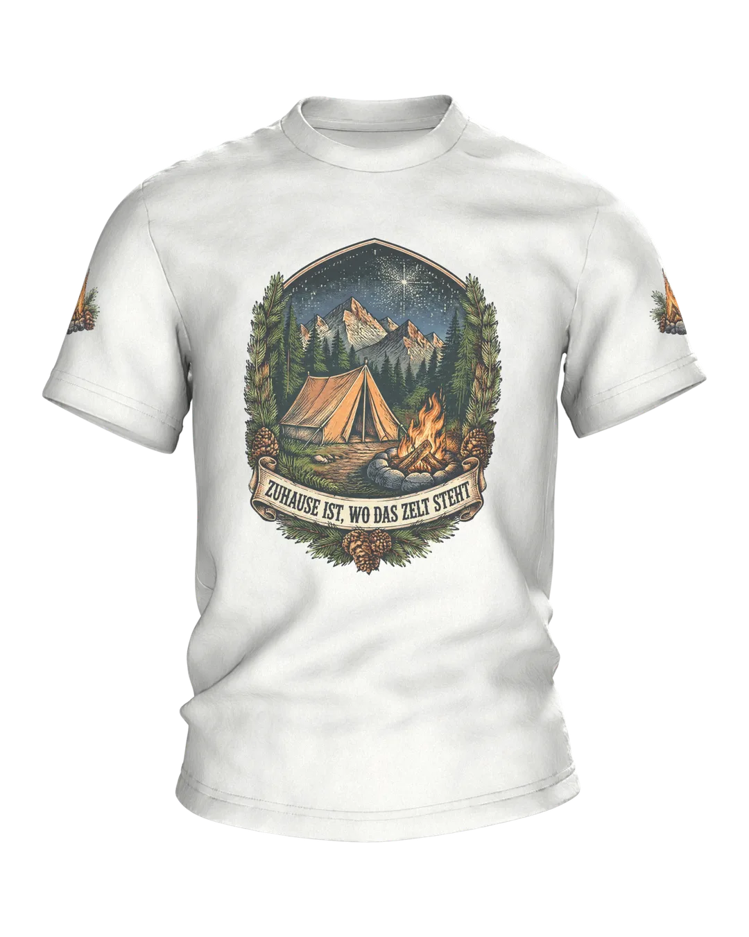 Camping Crest T-Shirt “ZUHAUSE IST, WO DAS ZELT STEHT” with Campfire, Mountains and Starry Sky, Camping Gift for Men