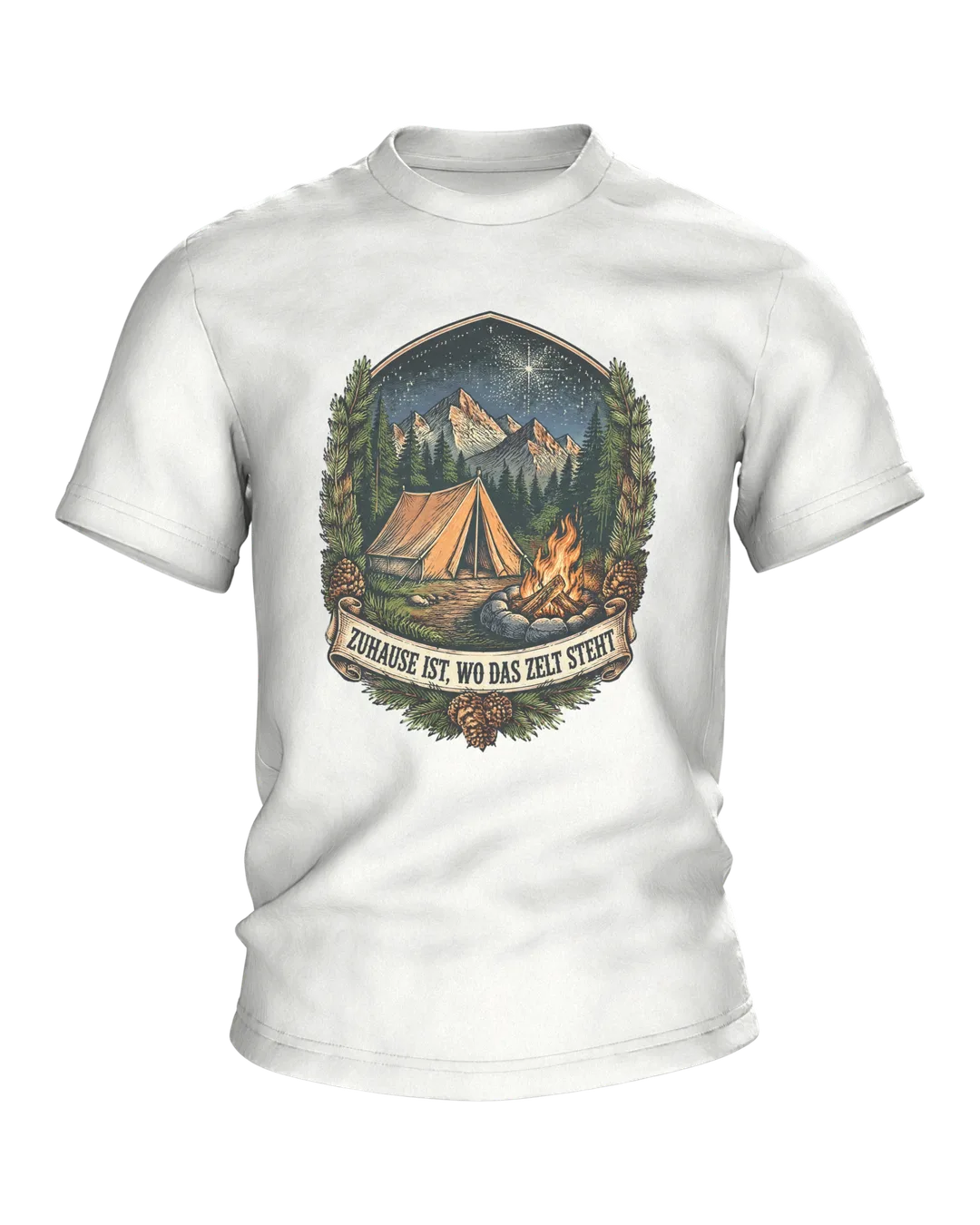 Camping Crest T-Shirt “ZUHAUSE IST, WO DAS ZELT STEHT” with Campfire, Mountains and Starry Sky, Camping Gift for Men