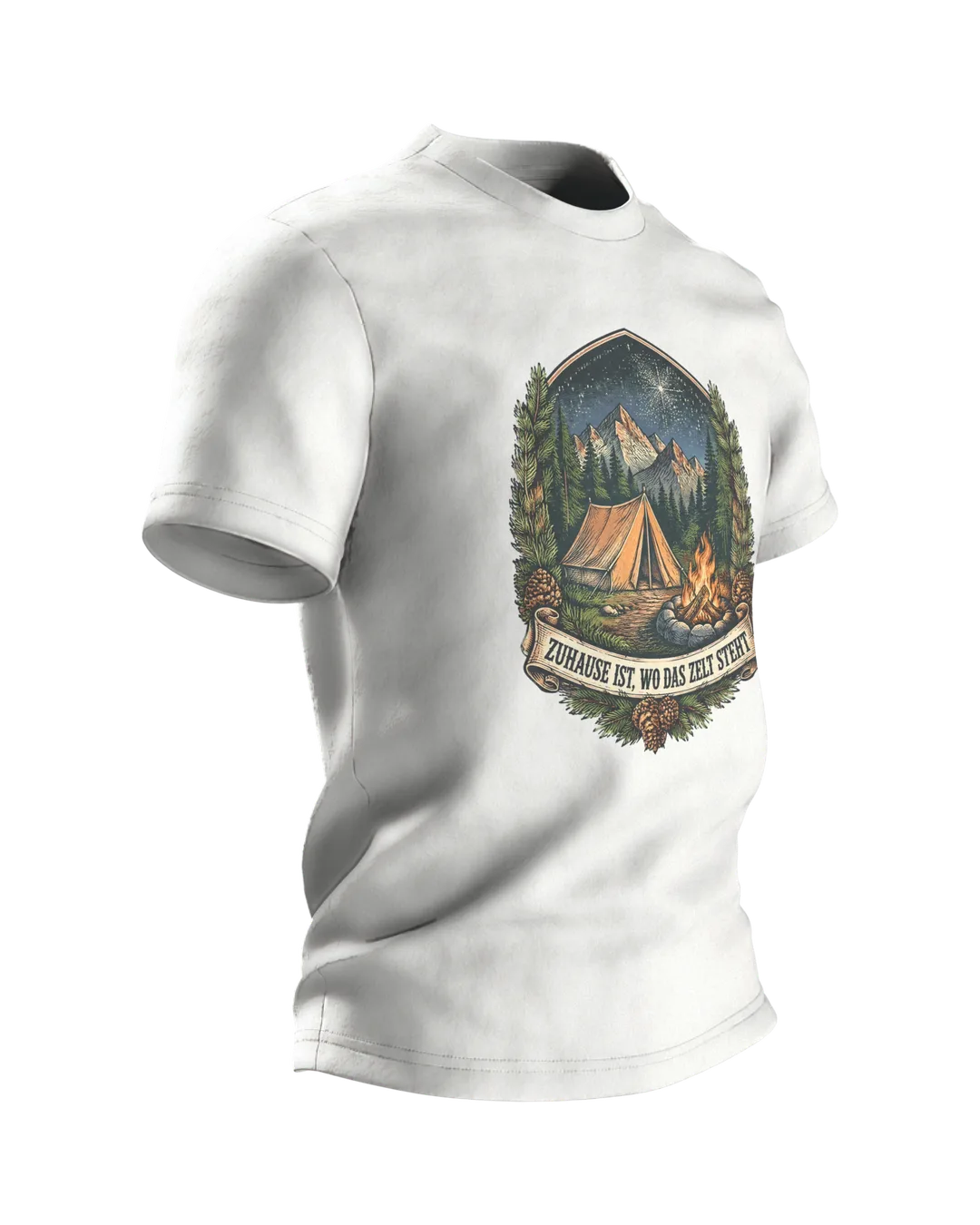 Zelt Wappen T-Shirt „ZUHAUSE IST, WO DAS ZELT STEHT“ mit Lagerfeuer, Bergen und Sternenhimmel, Camping Geschenk für Männer, Seitenansicht links